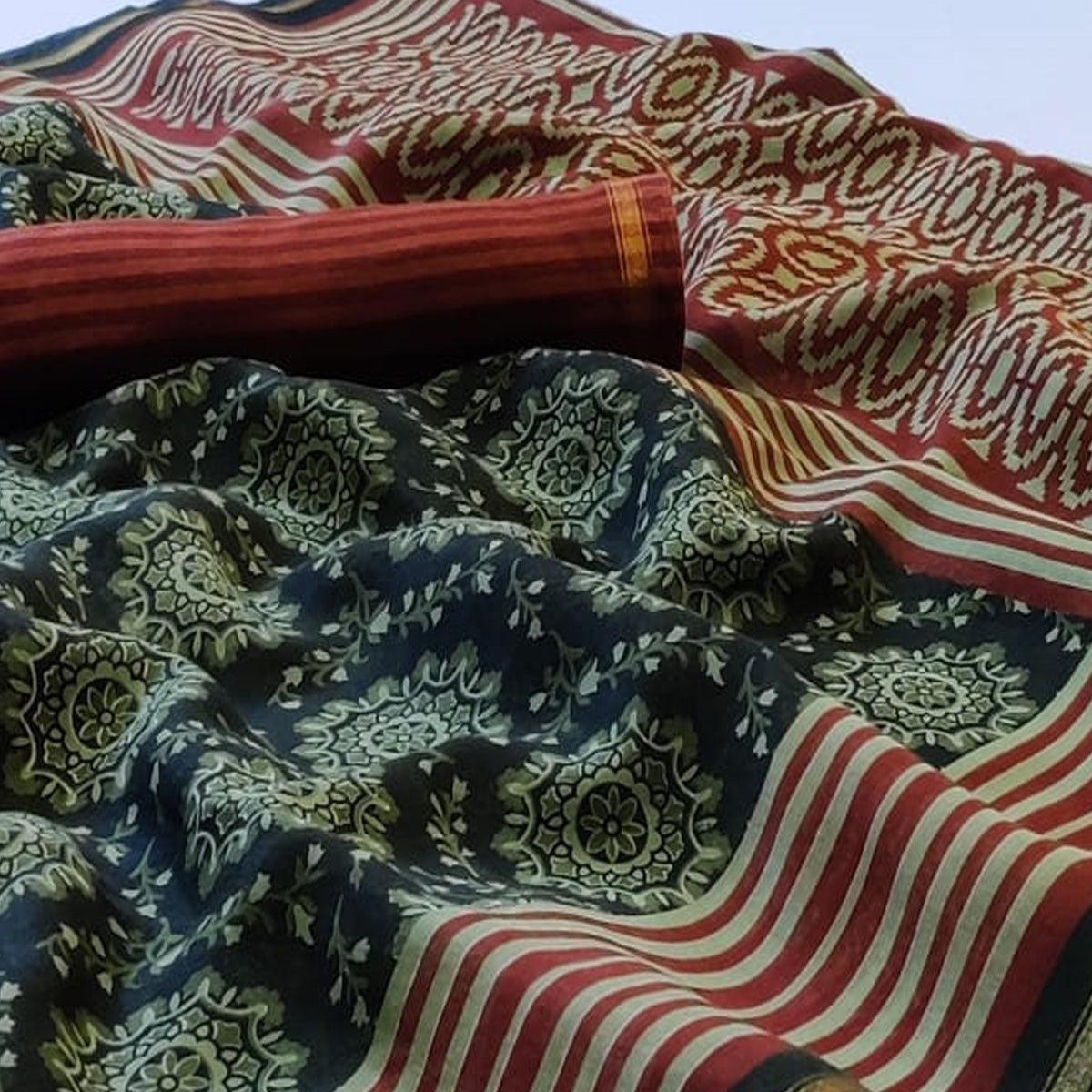 Sophisticated Black Colored Casual Wear Printed Cotton Saree - Peachmode
