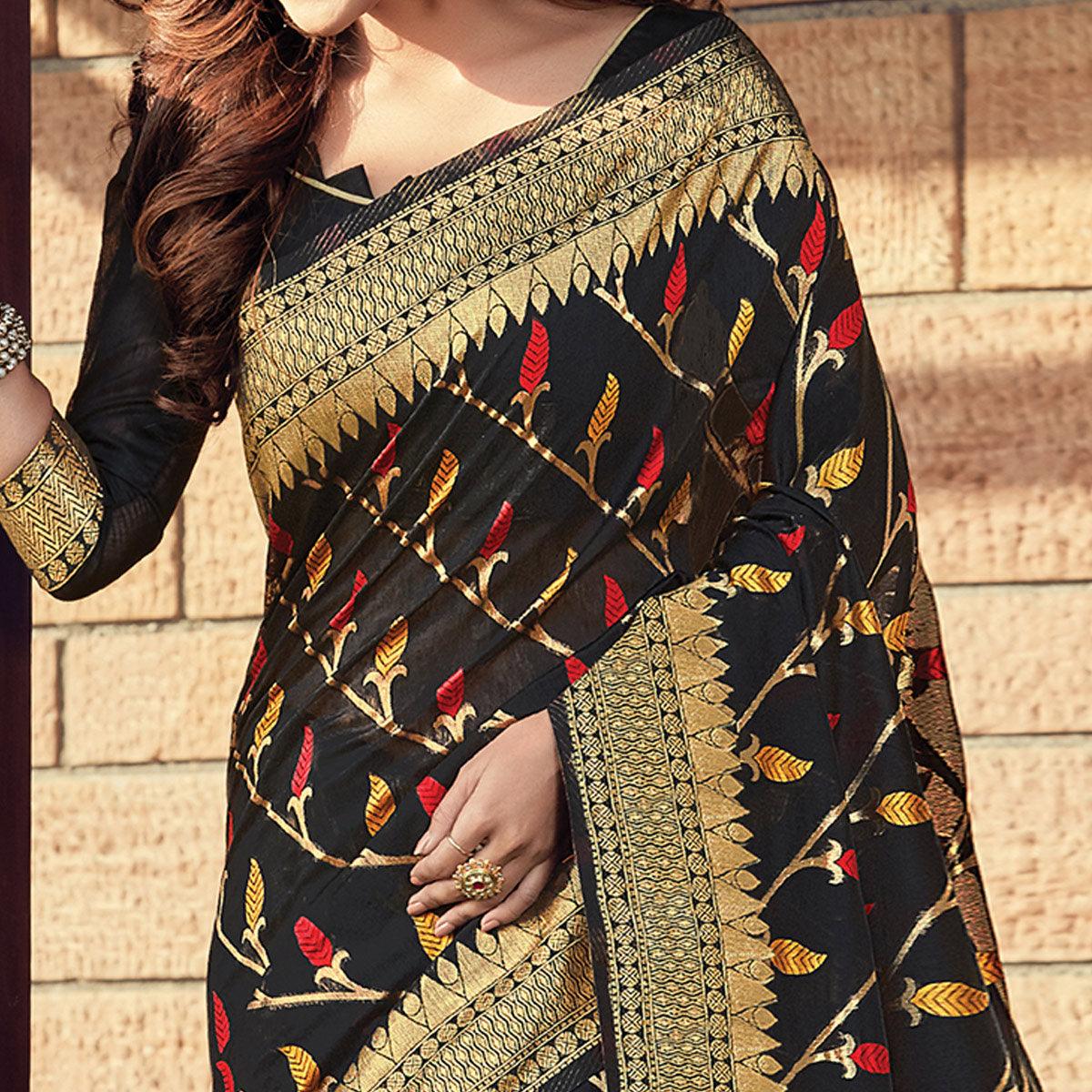 Sophisticated Black Colored Festive Wear Woven Cotton Handloom Saree - Peachmode