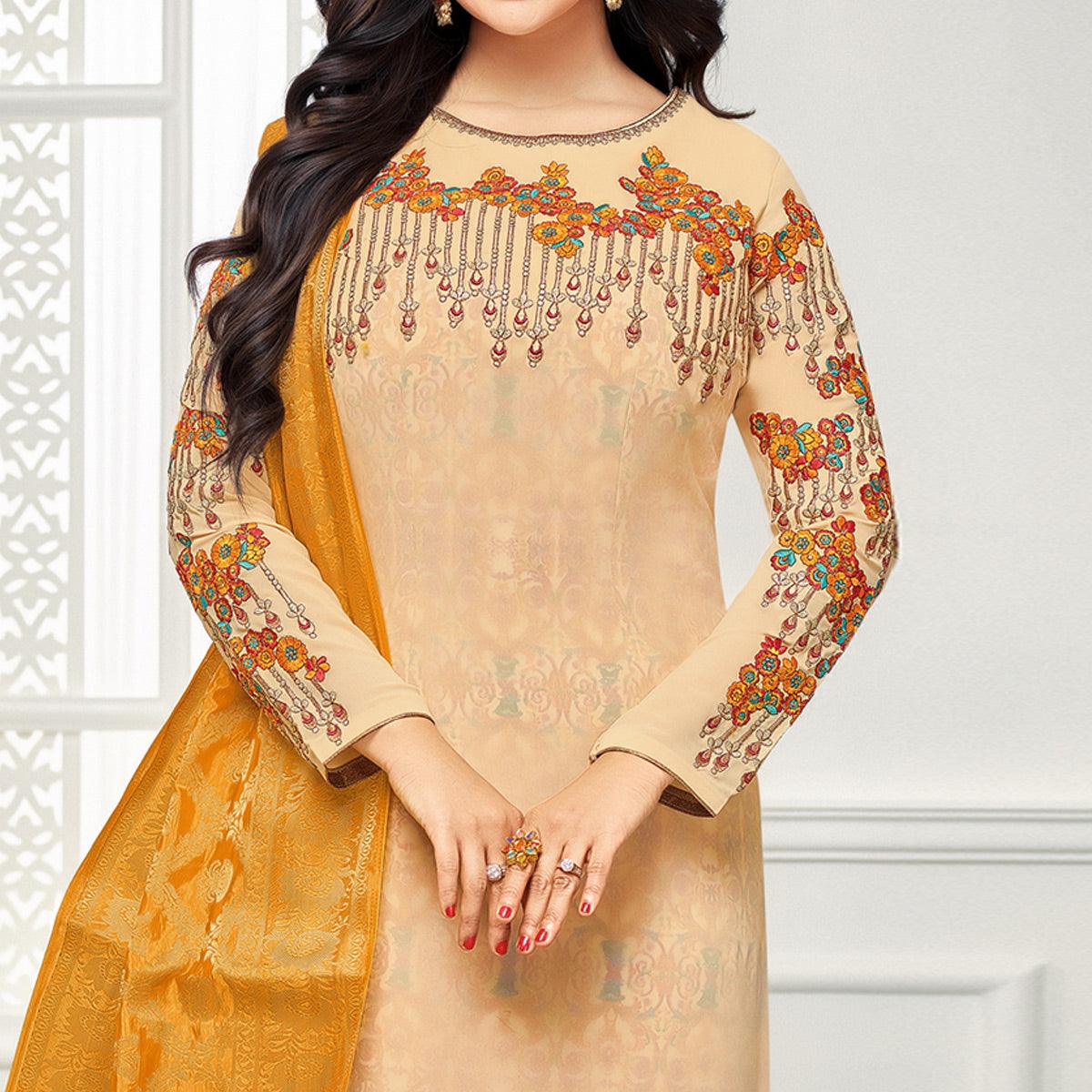 Sophisticated Cream Colored Embroidered Party Wear Georgette Salwar Suit - Peachmode