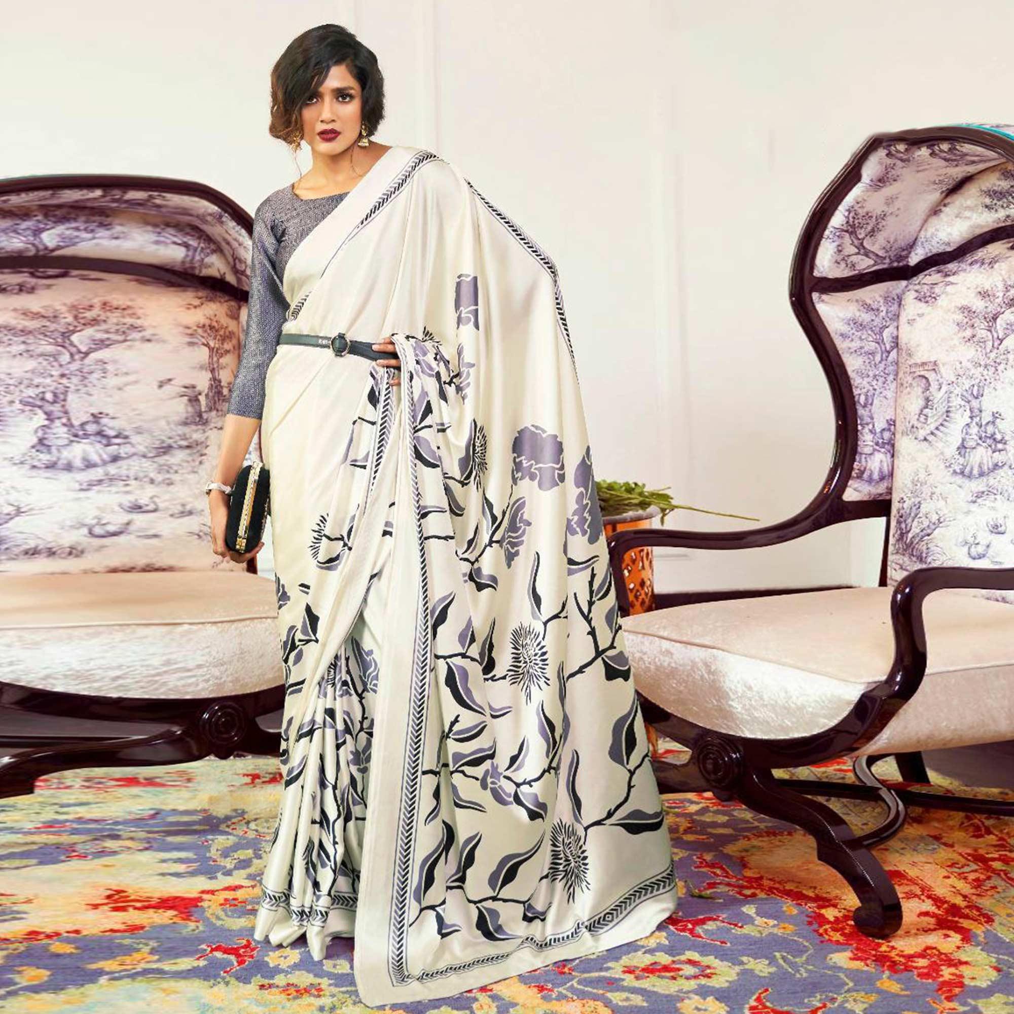 Sophisticated Cream-Purple Colored Partywear Fancy Printed Japan Satin-Crepe Saree - Peachmode