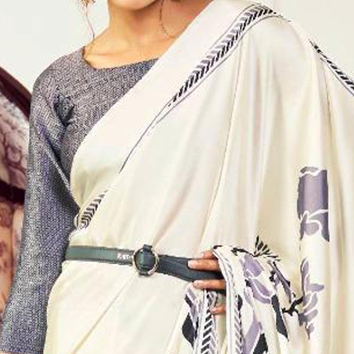Sophisticated Cream-Purple Colored Partywear Fancy Printed Japan Satin-Crepe Saree - Peachmode