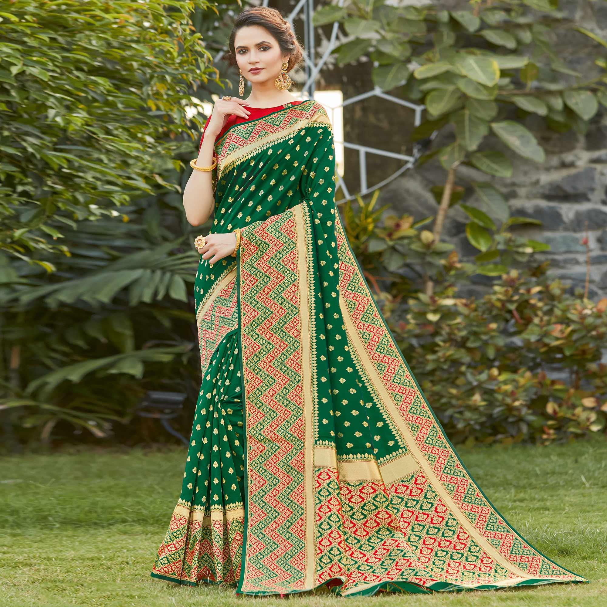 Sophisticated Dark Green Colored Festive Wear Woven Silk Saree - Peachmode