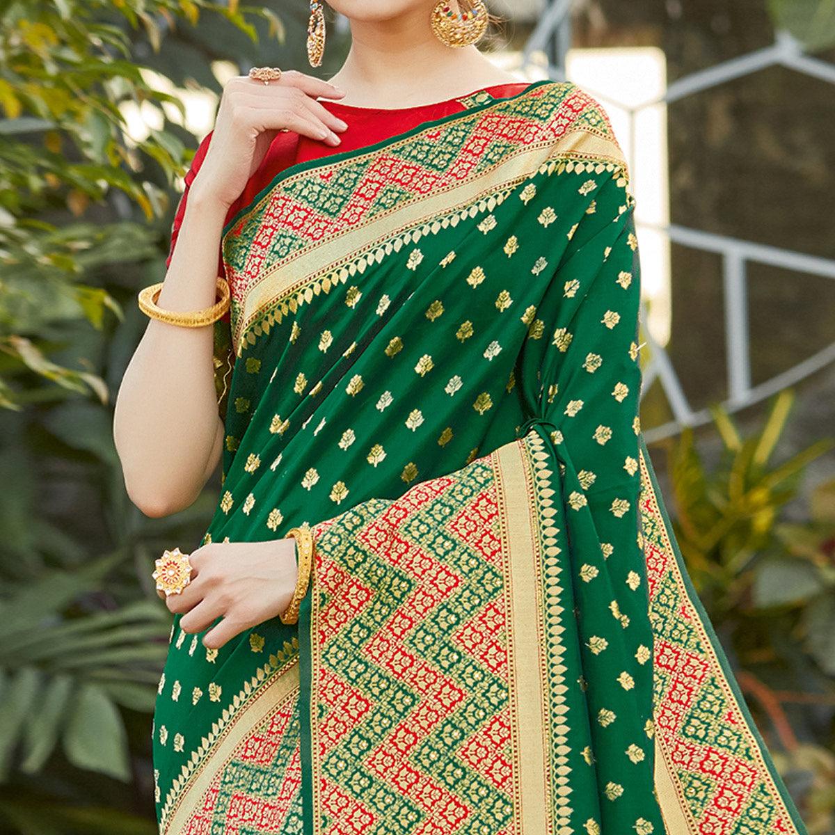Sophisticated Dark Green Colored Festive Wear Woven Silk Saree - Peachmode