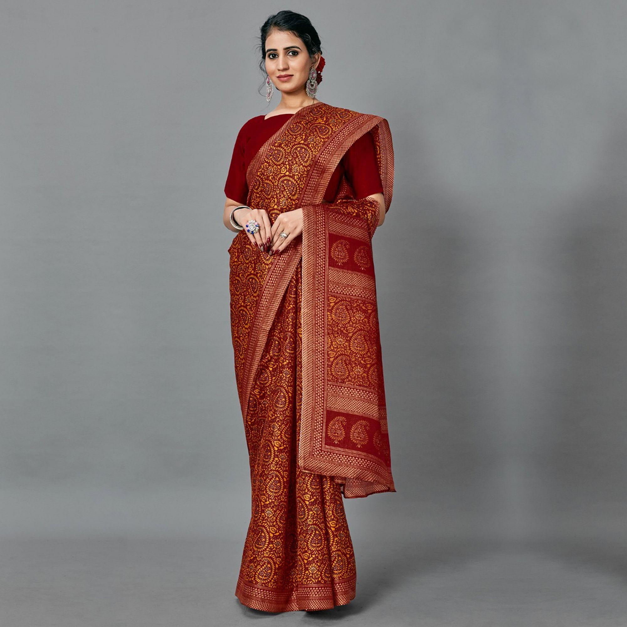 Sophisticated Dark Red Colored Casual Wear Printed Art Silk Saree - Peachmode