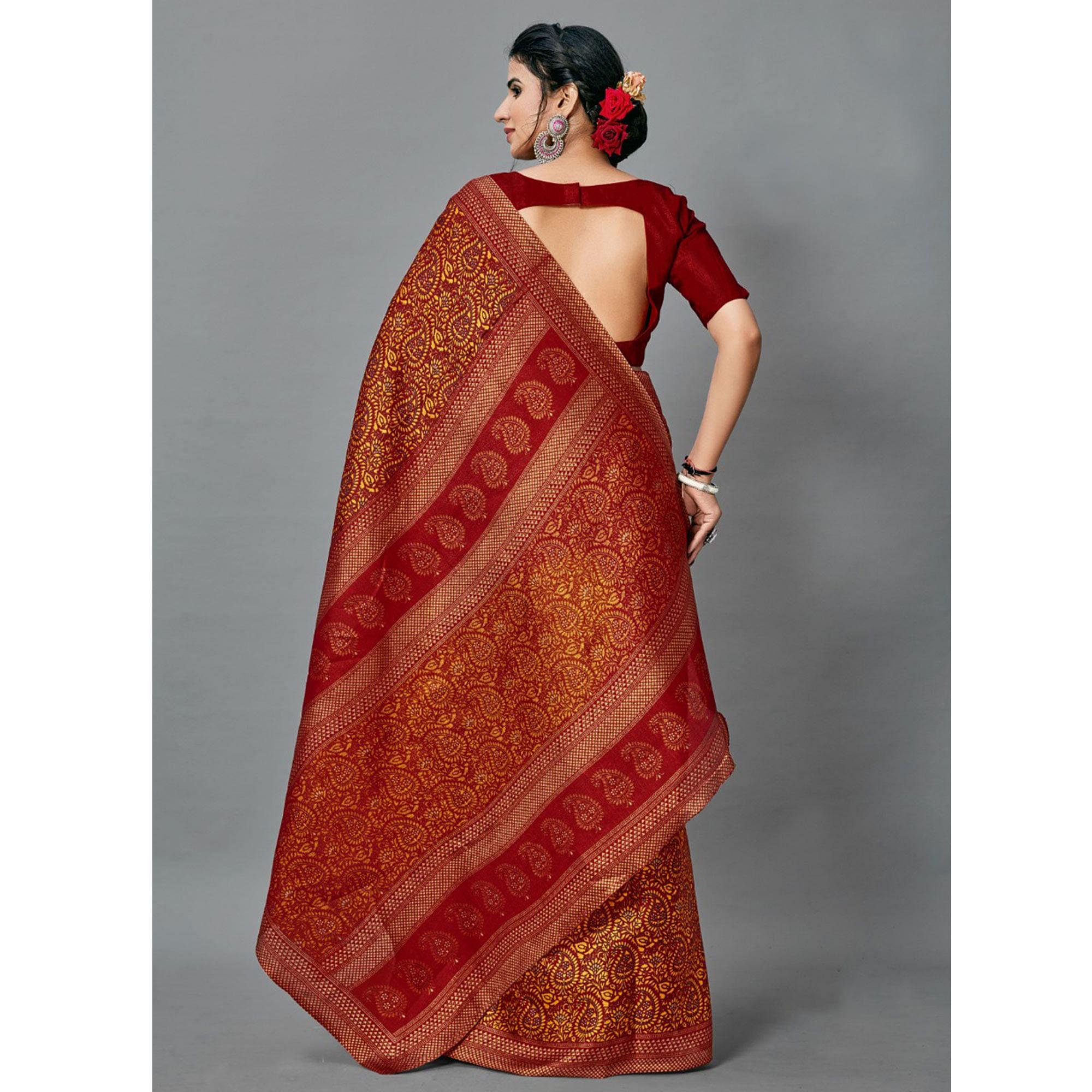 Sophisticated Dark Red Colored Casual Wear Printed Art Silk Saree - Peachmode