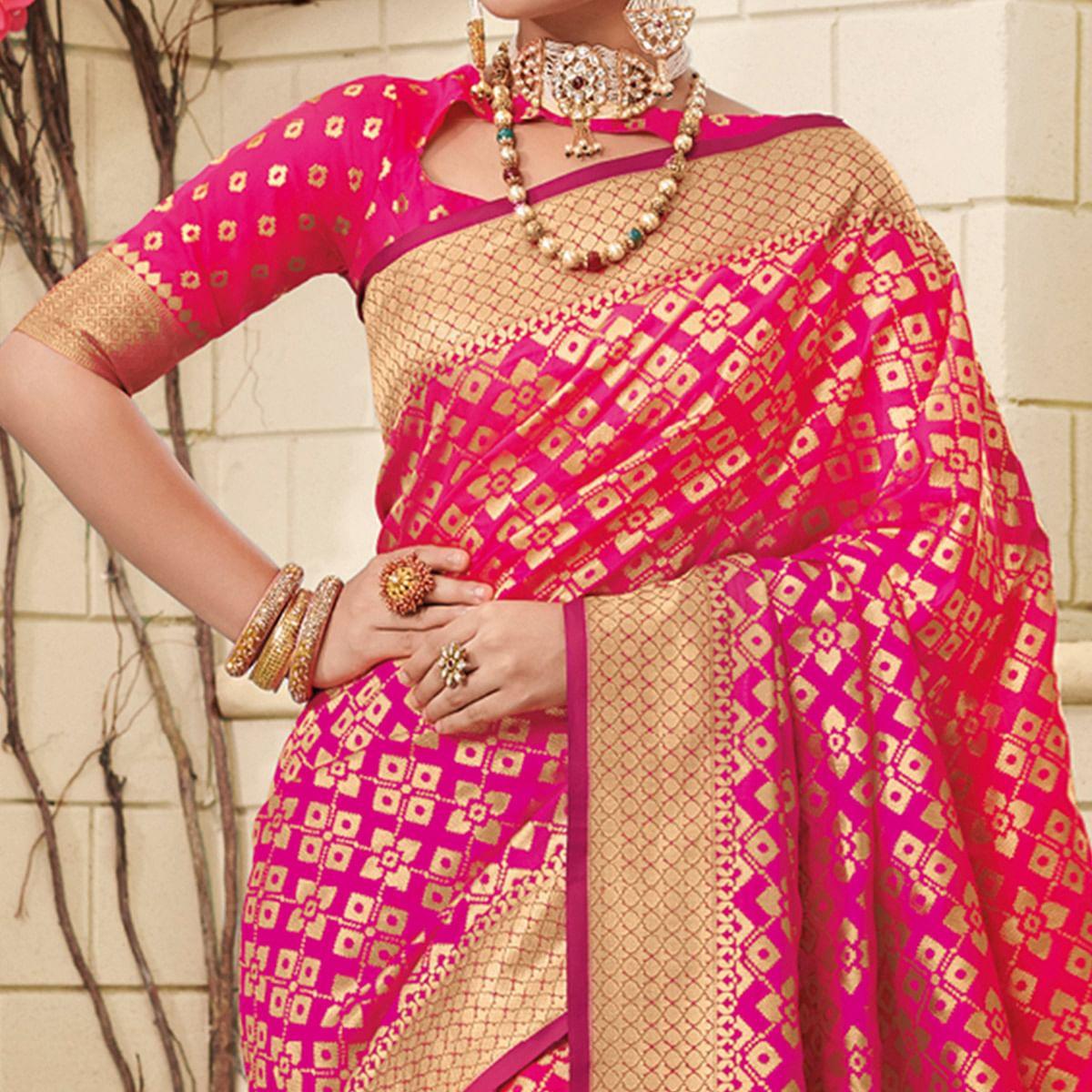 Sophisticated Fuschia Pink Colored Festive Wear Woven Silk Saree - Peachmode