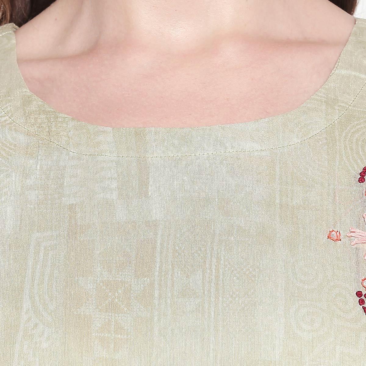 Sophisticated Green Colored Casual Embroidered Silk Kurti - Peachmode