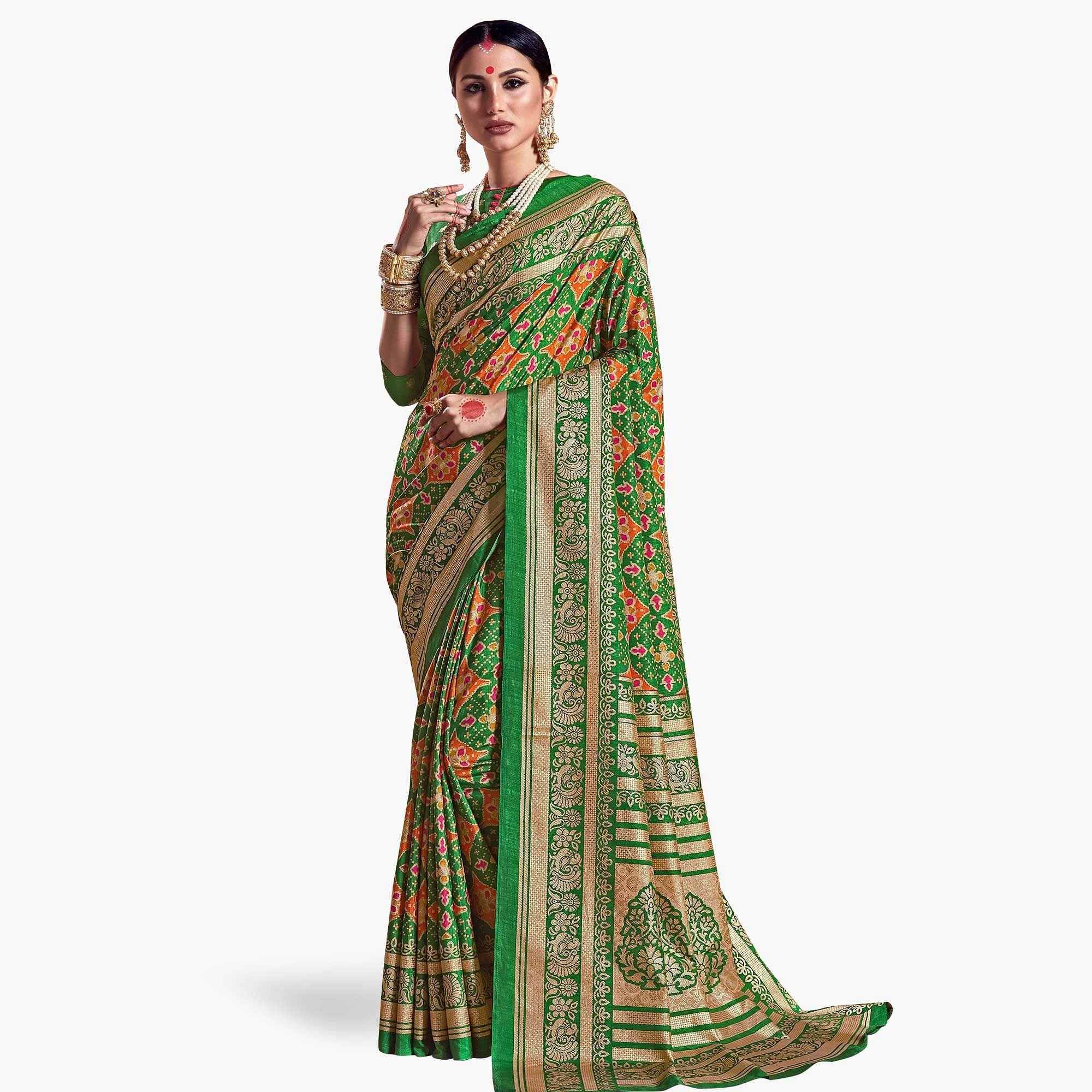 Sophisticated Green Colored Festive Wear Printed Kanjivaram Silk Saree - Peachmode