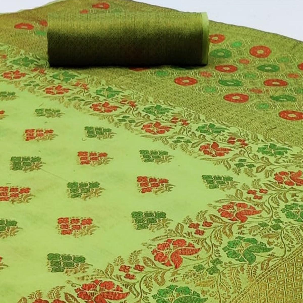 Sophisticated Green Colored Festive Wear Woven Cotton Saree - Peachmode