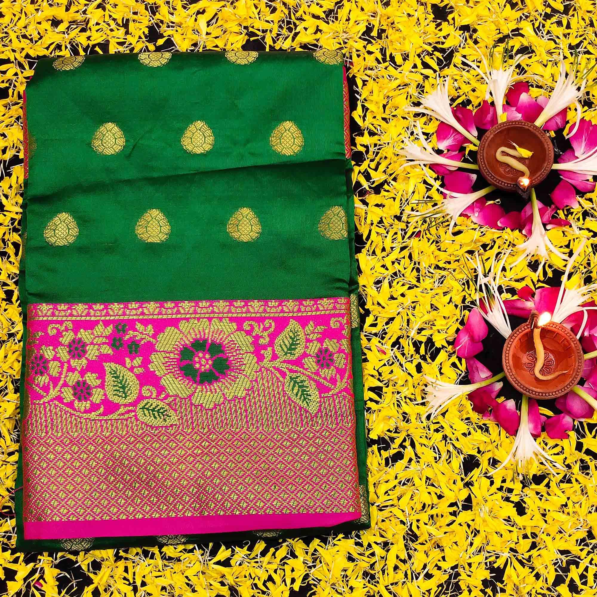 Sophisticated Green Colored Festive Wear Woven Kanjivaram Silk Saree - Peachmode