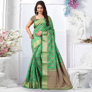Sophisticated Green Colored Festive Wear Woven Silk Saree - Peachmode