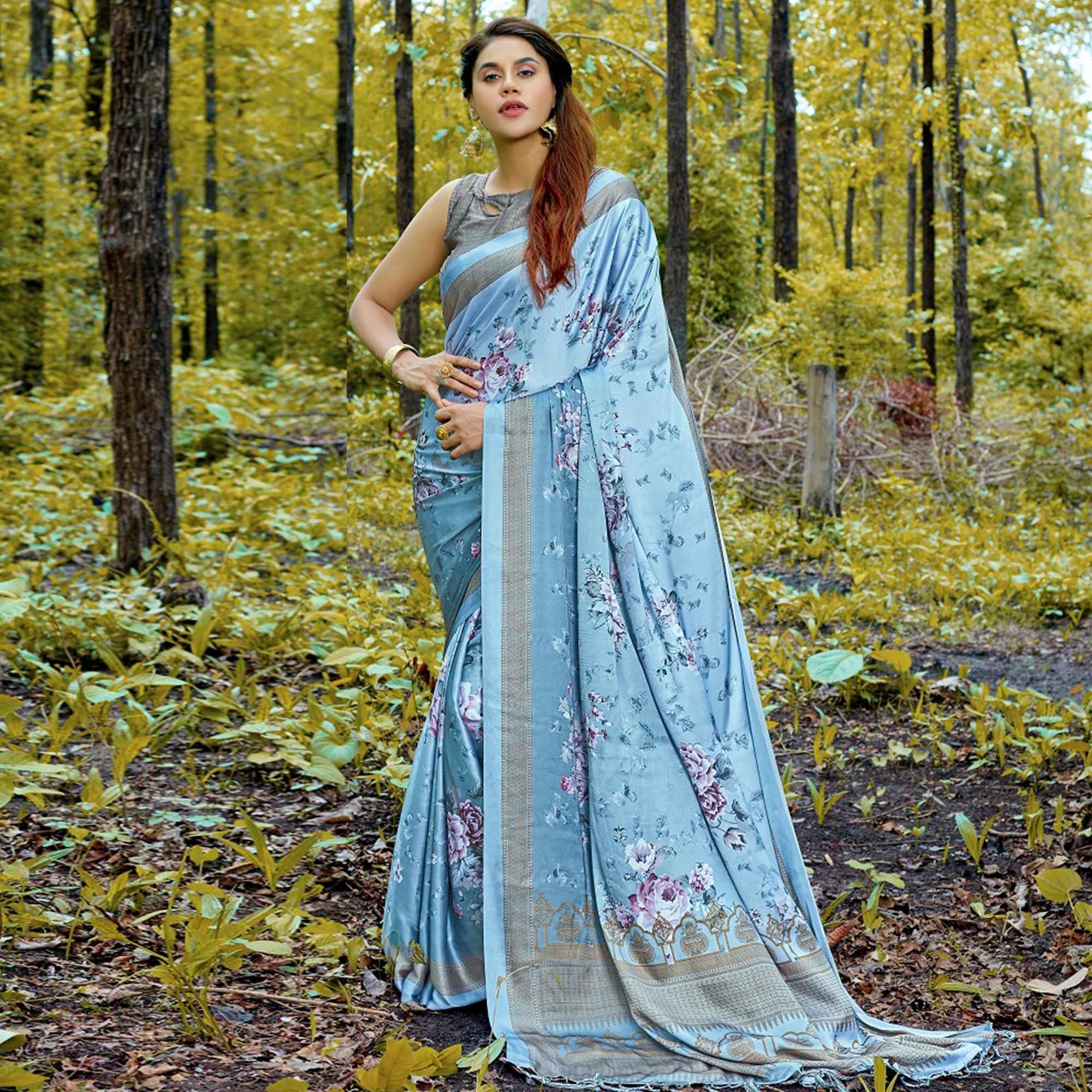 Sophisticated Light Blue Colored Casual Digital Printed Satin Crepe Saree - Peachmode