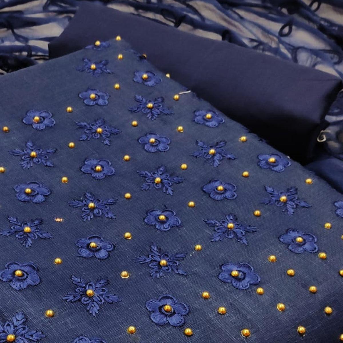 Sophisticated Navy Blue Colored Casual Wear Embroidered Cotton Dress Material - Peachmode