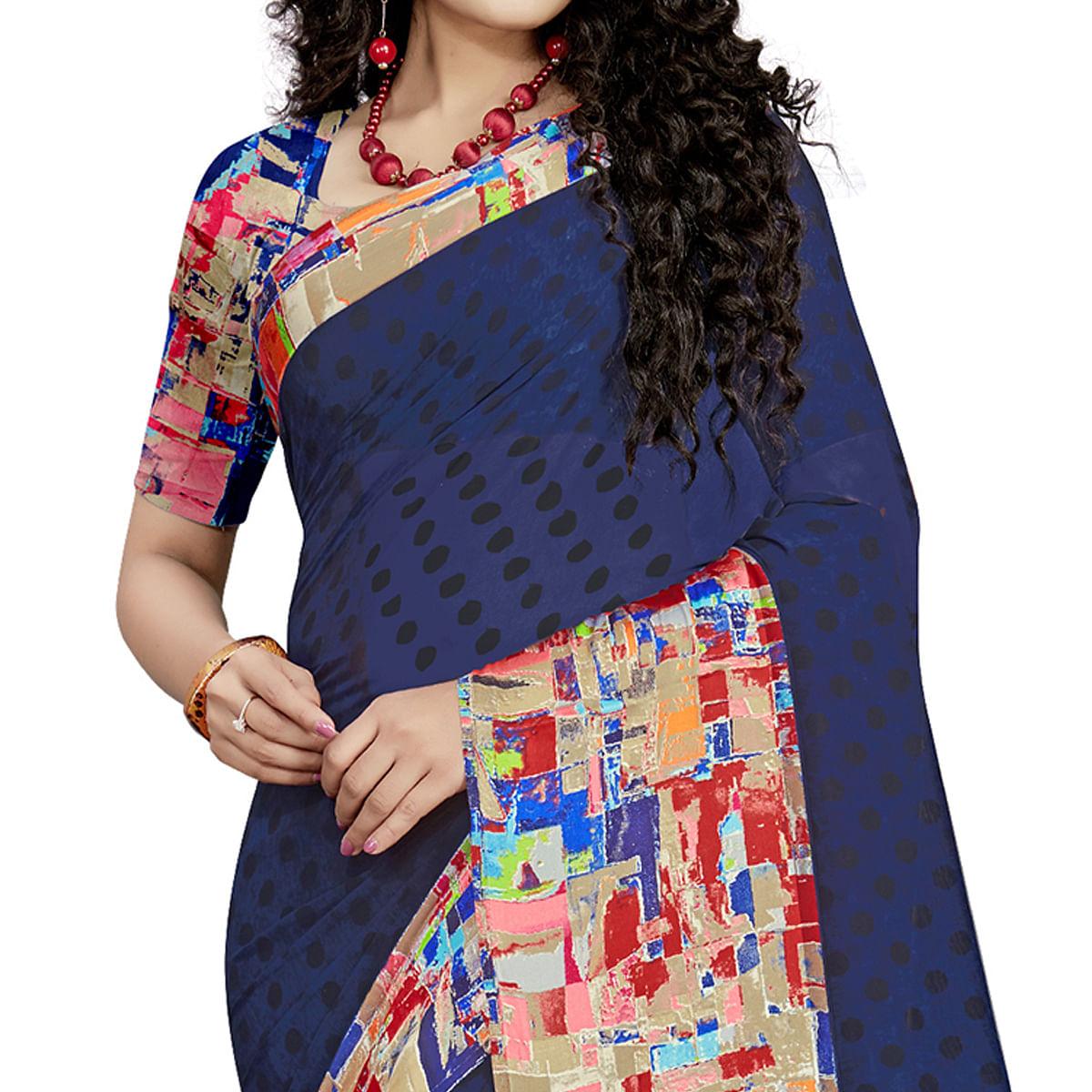 Sophisticated Navy Blue Colored Casual Wear Printed Georgette Saree - Peachmode