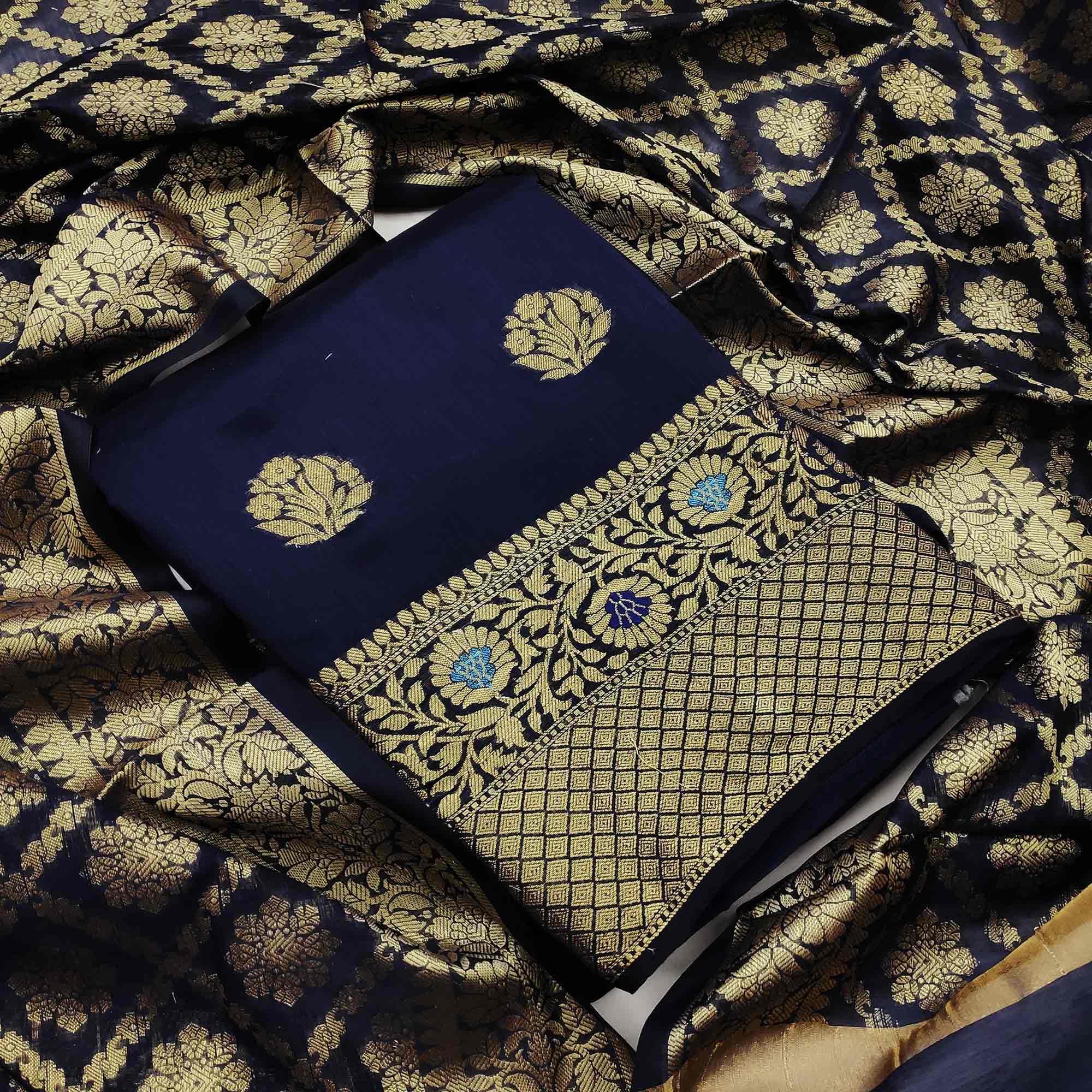 Sophisticated Navy Blue Colored Festive Wear Woven Banarasi Silk Dress Material - Peachmode