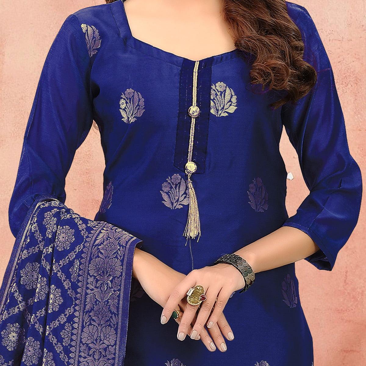 Sophisticated Navy Blue Colored Festive Wear Woven Banarasi Silk Dress Material - Peachmode