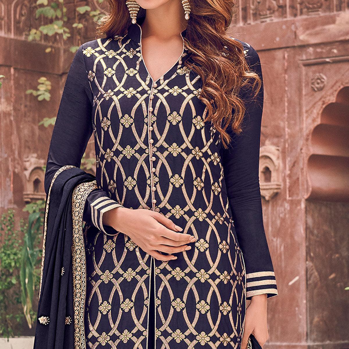 Sophisticated Navy Blue Colored Partywear Embroidered Pure Dola Jacquard Palazzo Suit - Peachmode