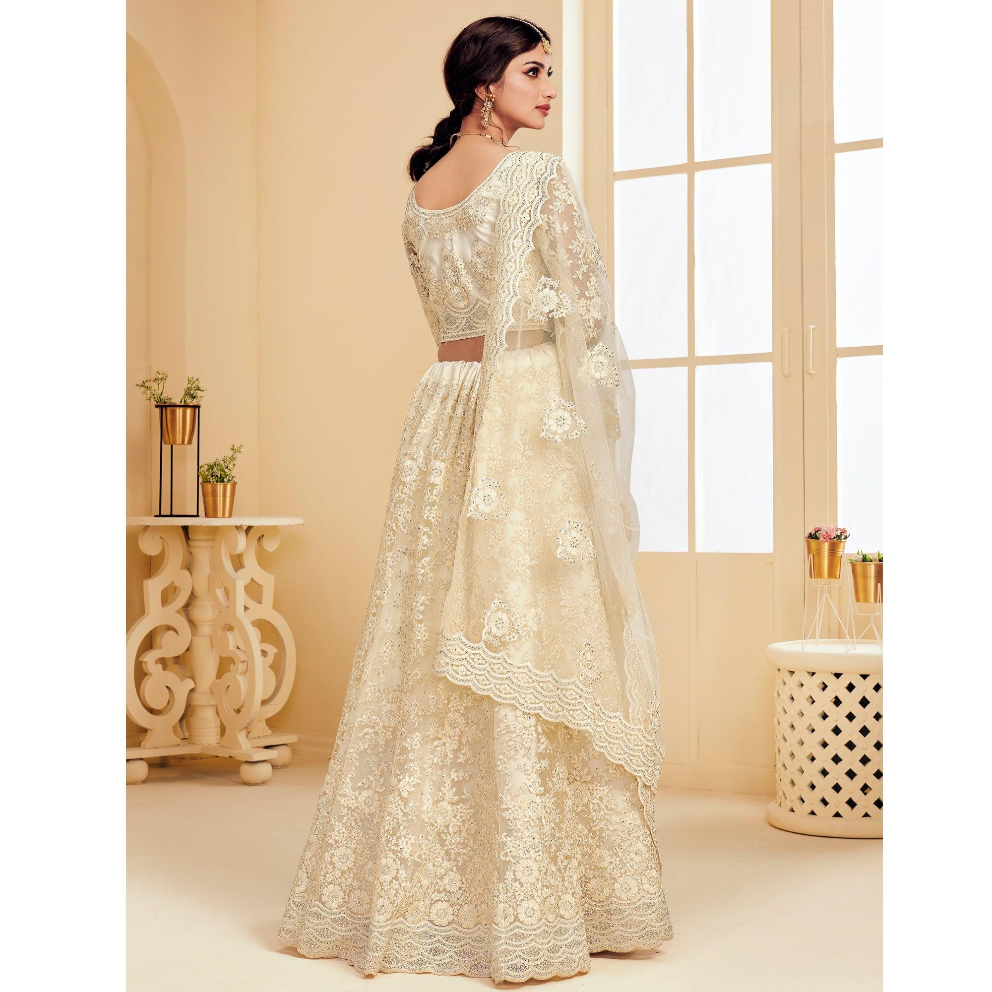 Sophisticated Off White Coloured Wedding Wear Cording Embroidered Net Lehenga Choli - Peachmode
