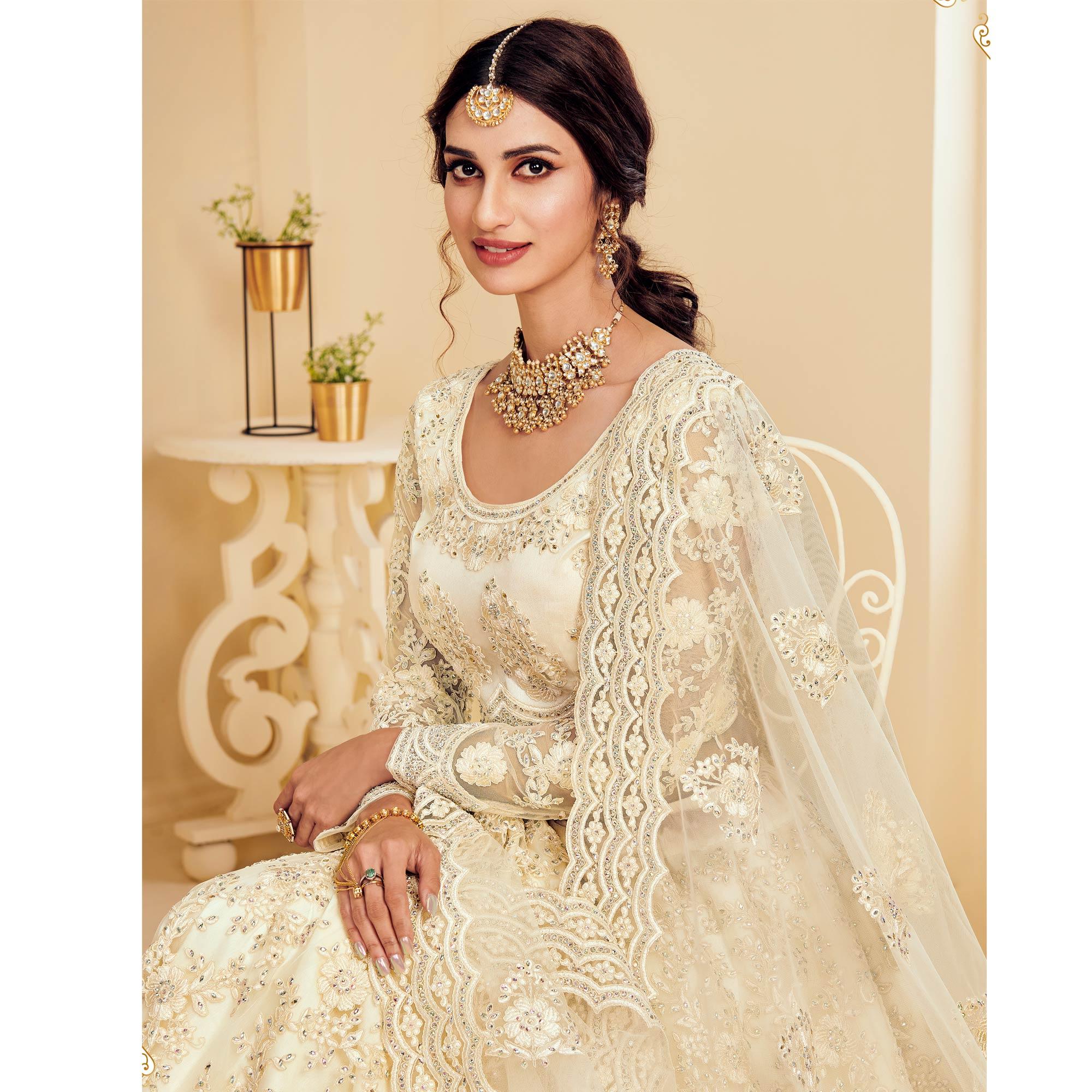 Sophisticated Off White Coloured Wedding Wear Cording Embroidered Net Lehenga Choli - Peachmode