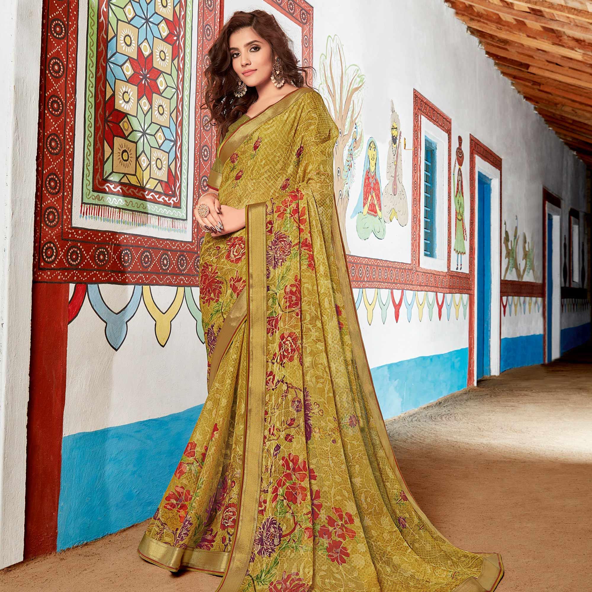 Sophisticated Olive Green Coloured Partywear Printed Brasso Saree - Peachmode