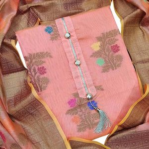 Sophisticated Peach Colored Festive Wear Woven Heavy Banarasi Silk Dress Material - Peachmode