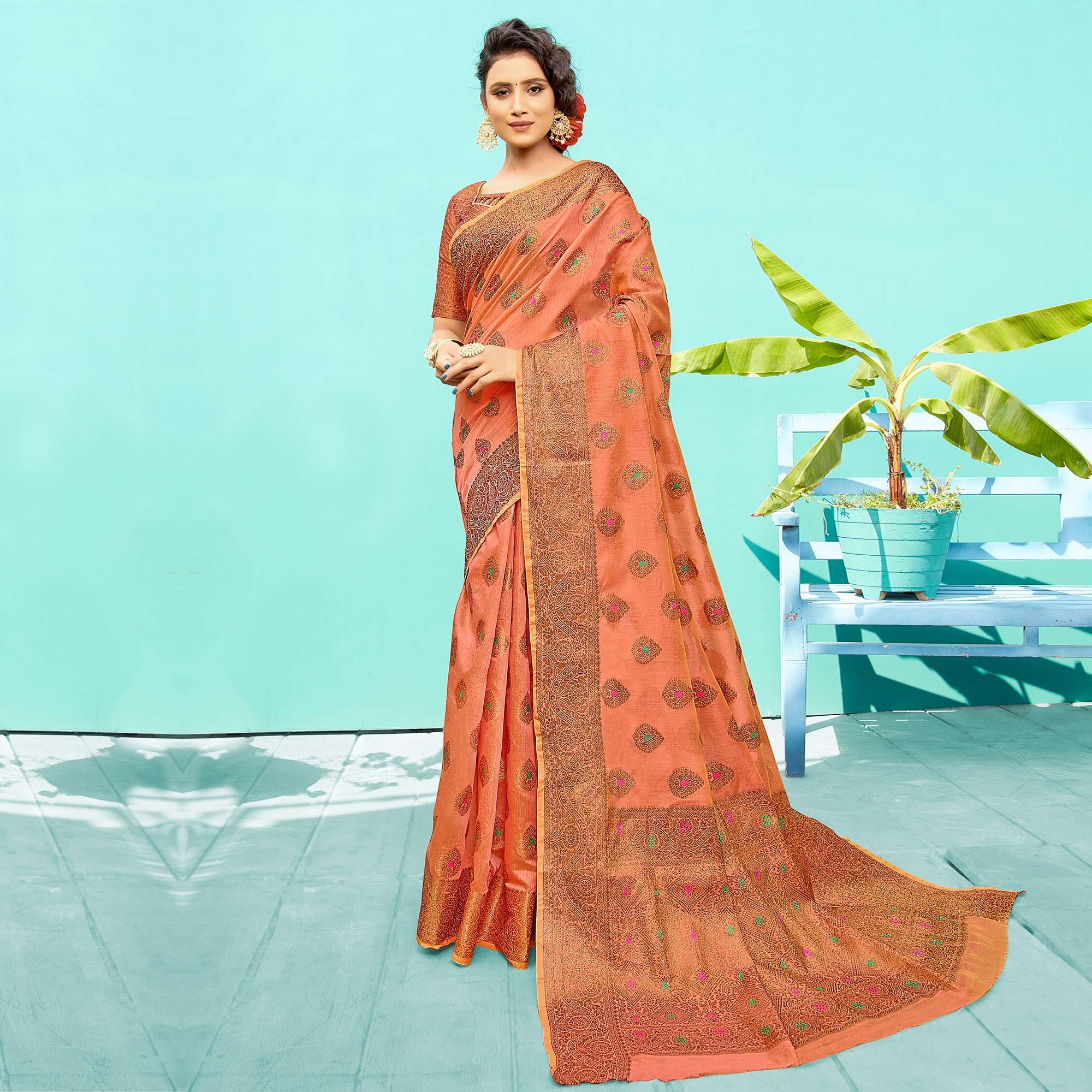 Sophisticated Peach Festive Wear Woven Designer Silk Saree - Peachmode