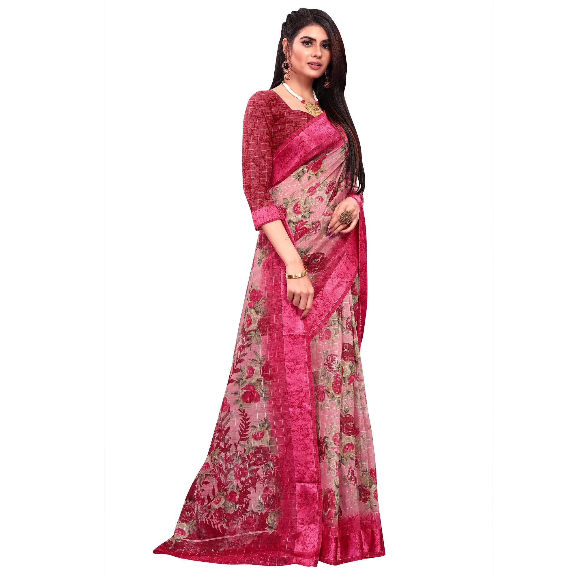 Sophisticated Pink Colored Casual Wear Printed Cotton Saree - Peachmode