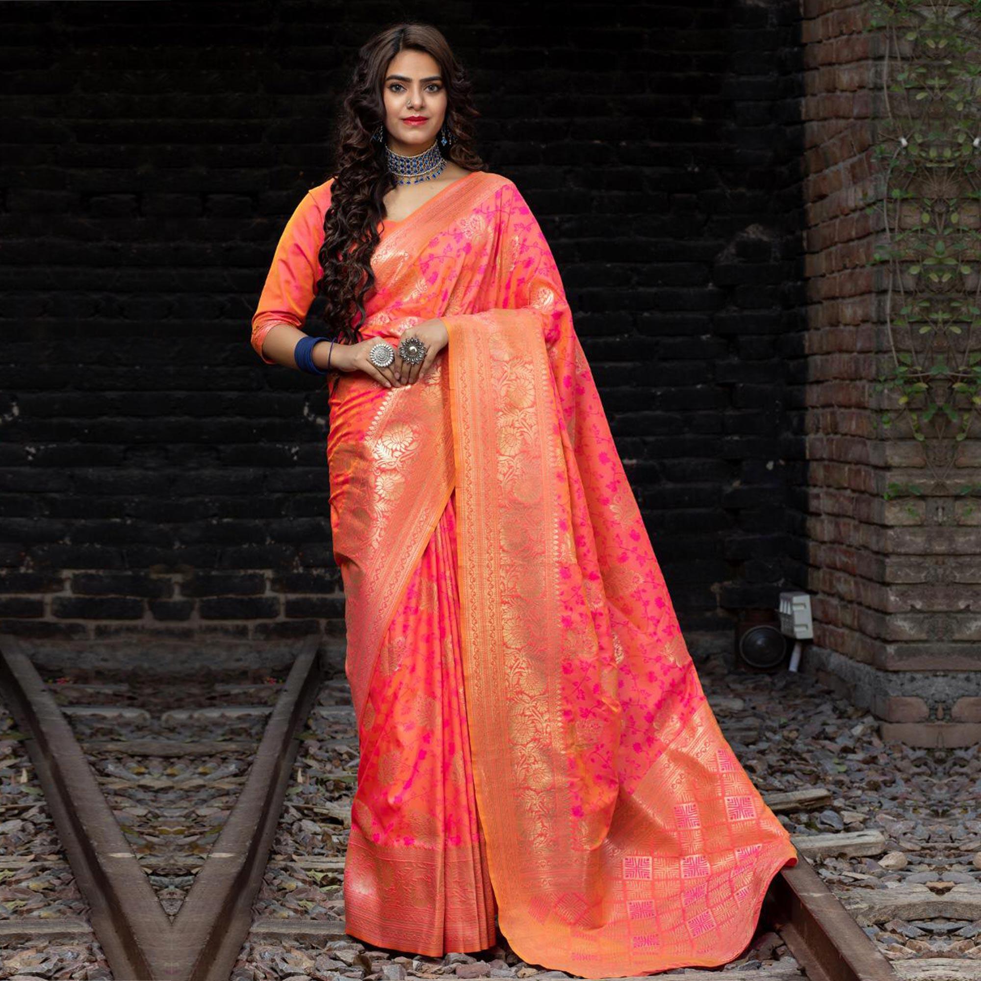 Sophisticated Pink Colored Festive Wear Woven Banarasi Silk Saree - Peachmode