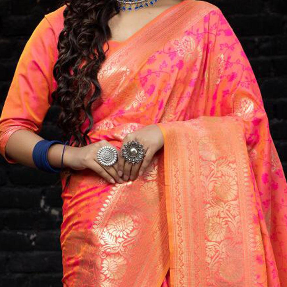 Sophisticated Pink Colored Festive Wear Woven Banarasi Silk Saree - Peachmode