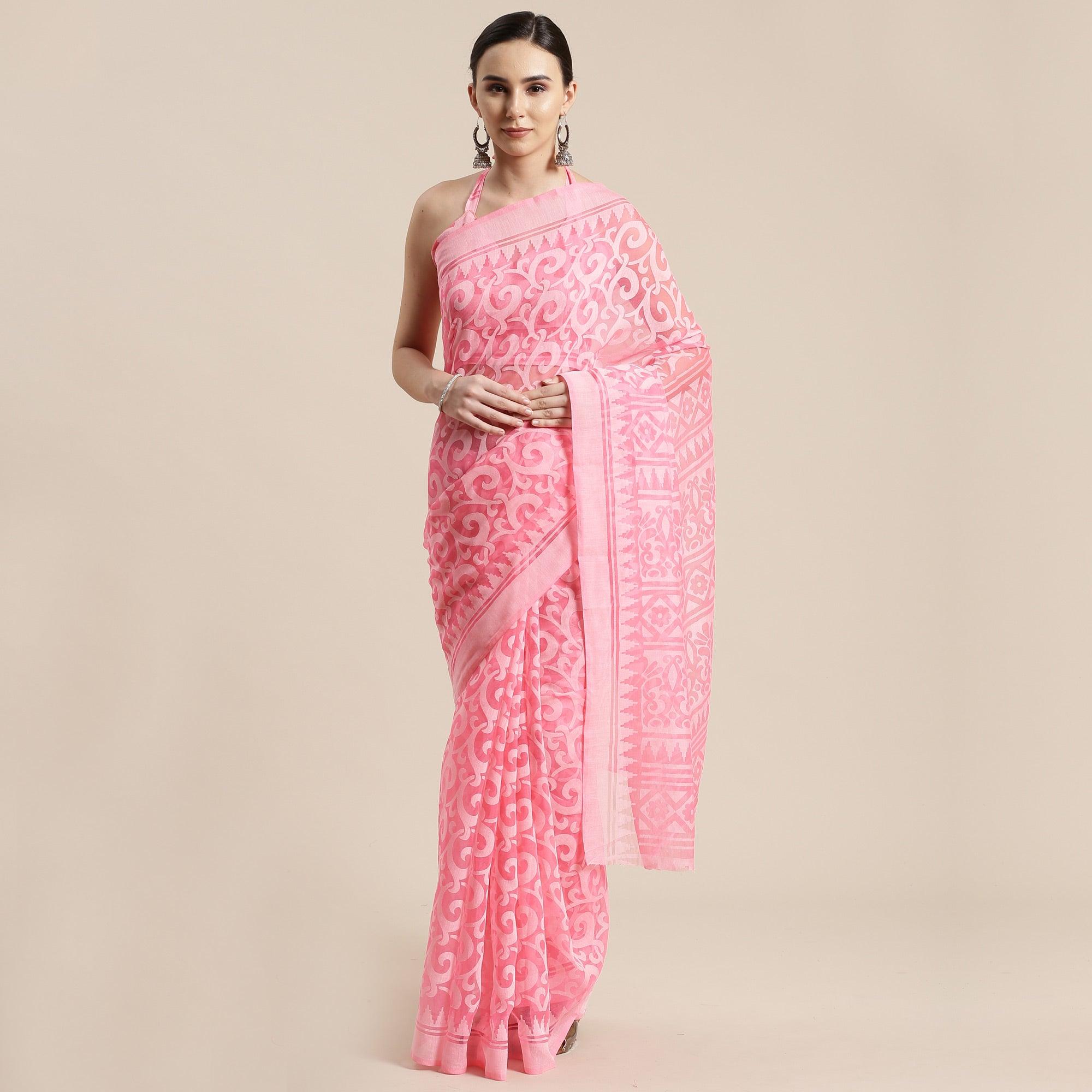 Sophisticated Pink Colored Party Wear Geometric Brasso Saree - Peachmode
