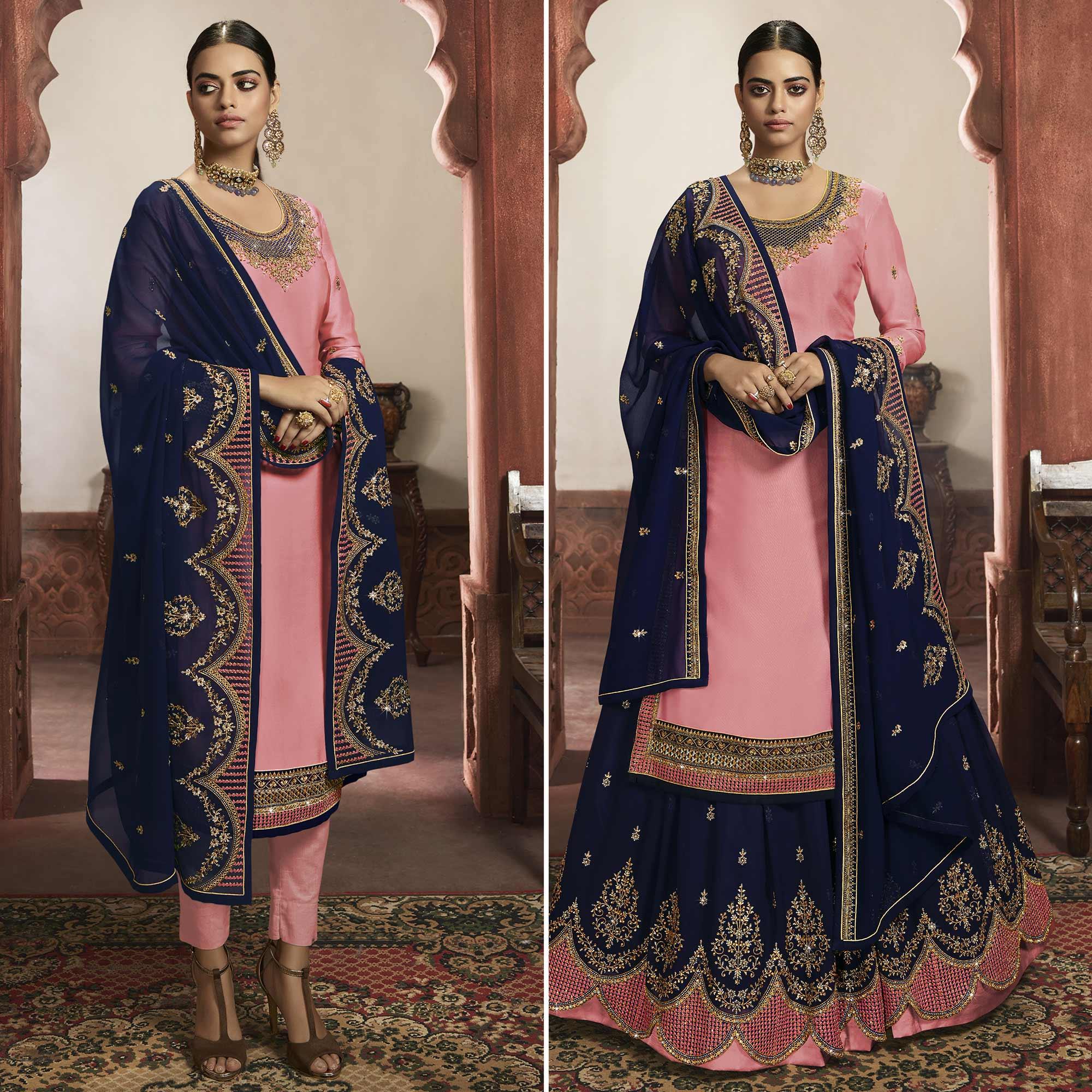 Sophisticated Pink Colored Partywear Embroidered Satin Dual Bottom Suit - Peachmode