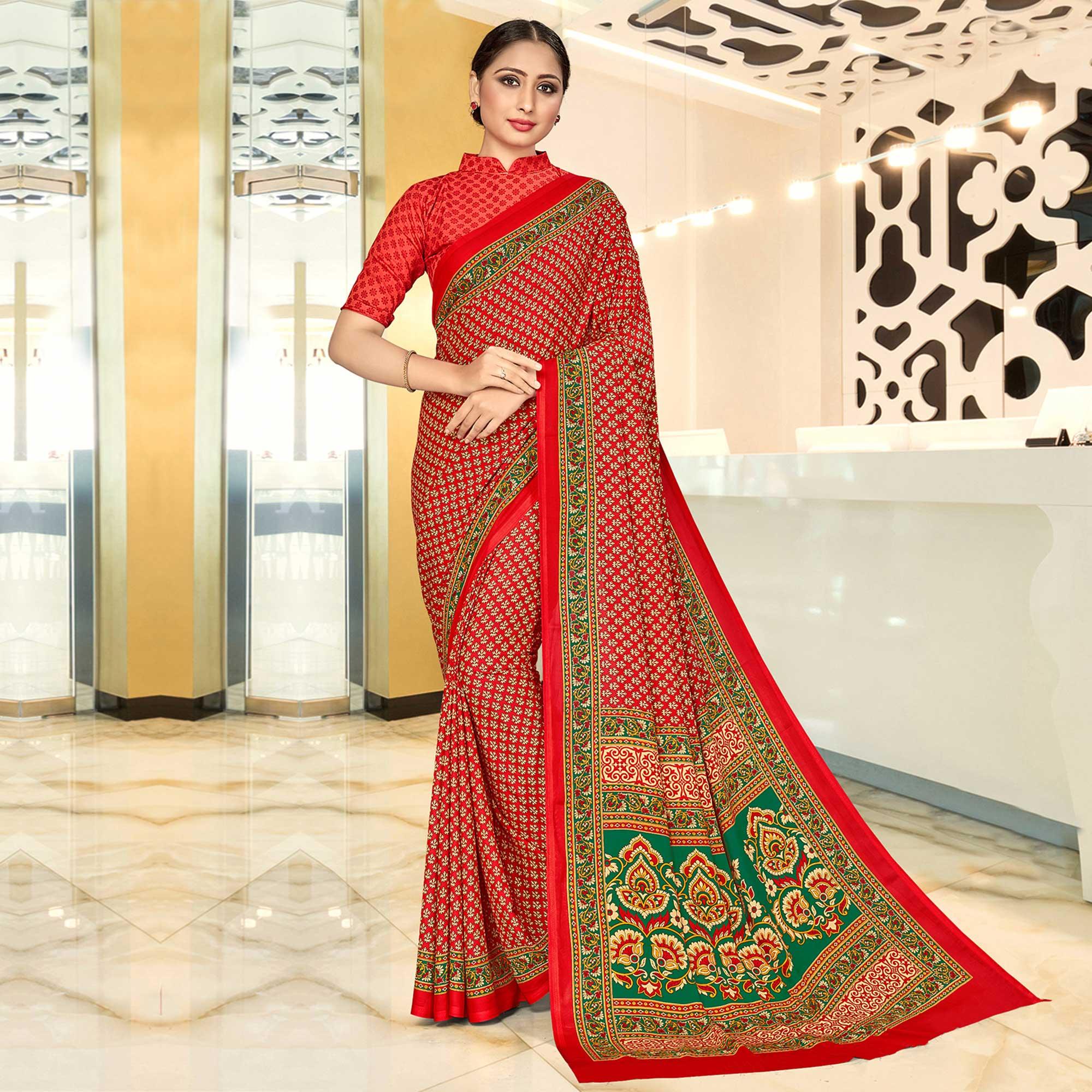Sophisticated Red Coloured Casual Wear Printed Crepe Saree - Peachmode