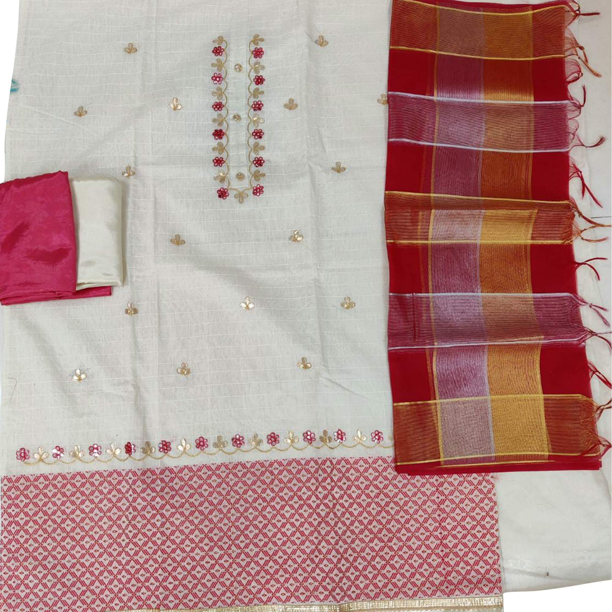 Sophisticated White - Red Colored Casual Embroidered Modal Chanderi Jacquard Dress Material - Peachmode
