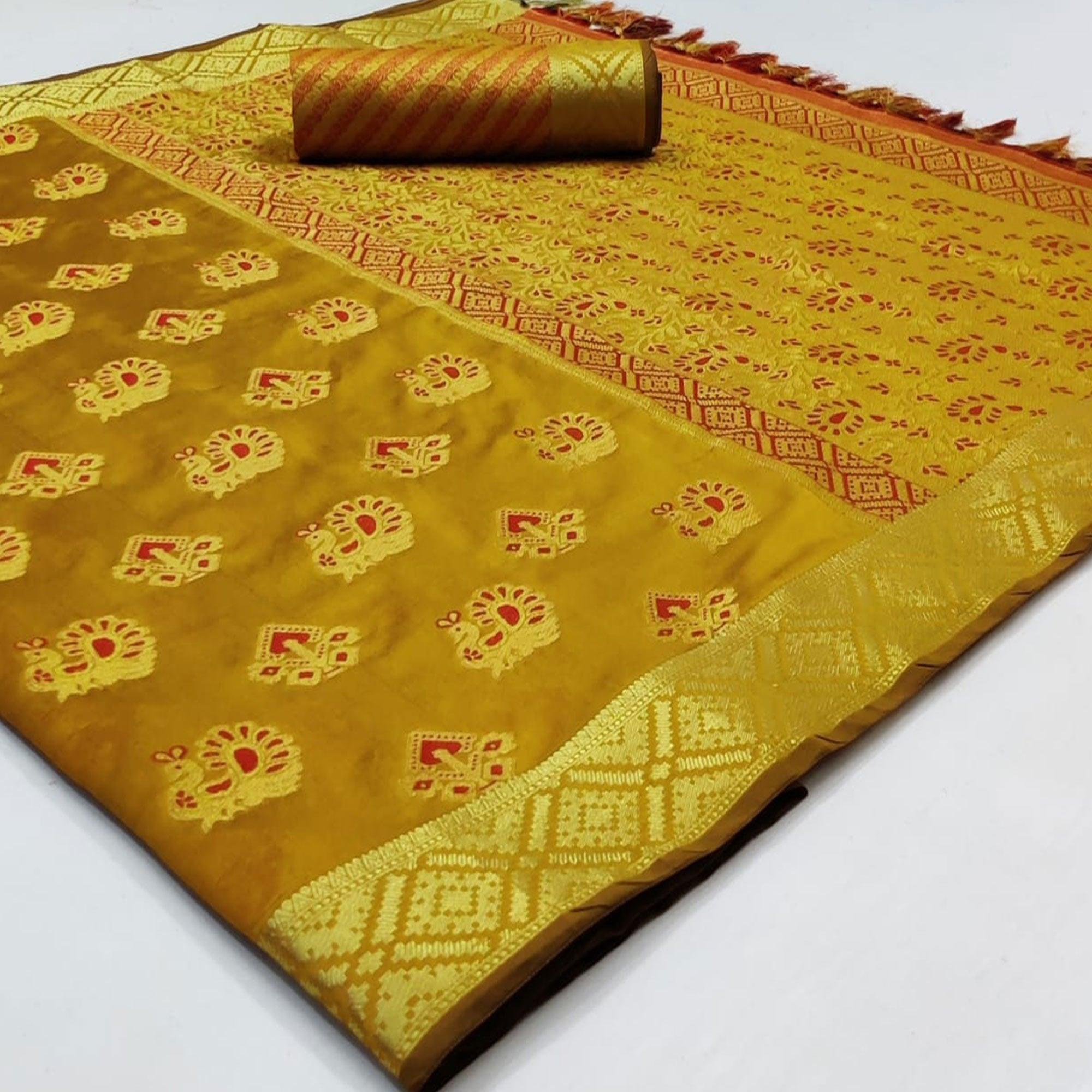 Sophisticated Yellow Colored Festive Wear Woven Cotton Saree - Peachmode