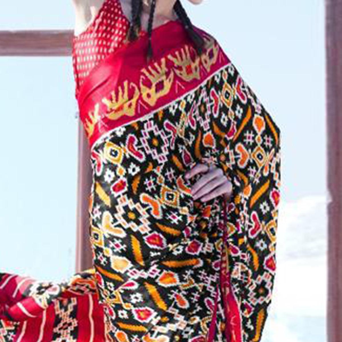 Staring Black - Red Colored Casual Wear Printed Satin Crepe Saree - Peachmode