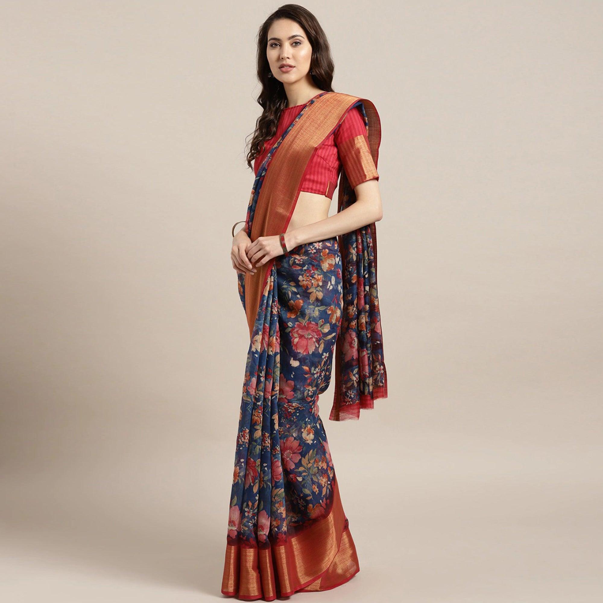 Staring Blue Festive Wear Floral Printed Semi Linen Jari Border Printed Saree - Peachmode