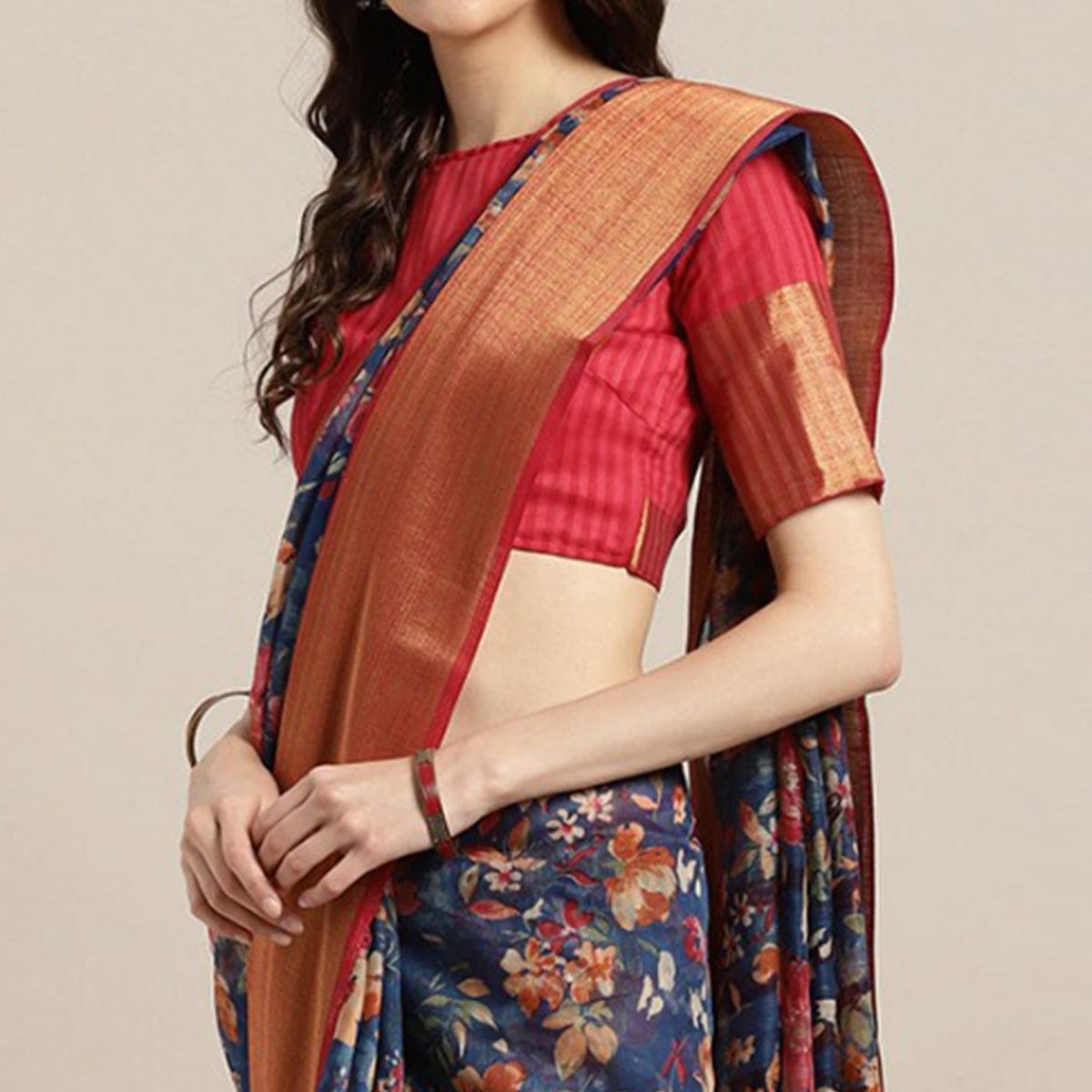 Staring Blue Festive Wear Floral Printed Semi Linen Jari Border Printed Saree - Peachmode