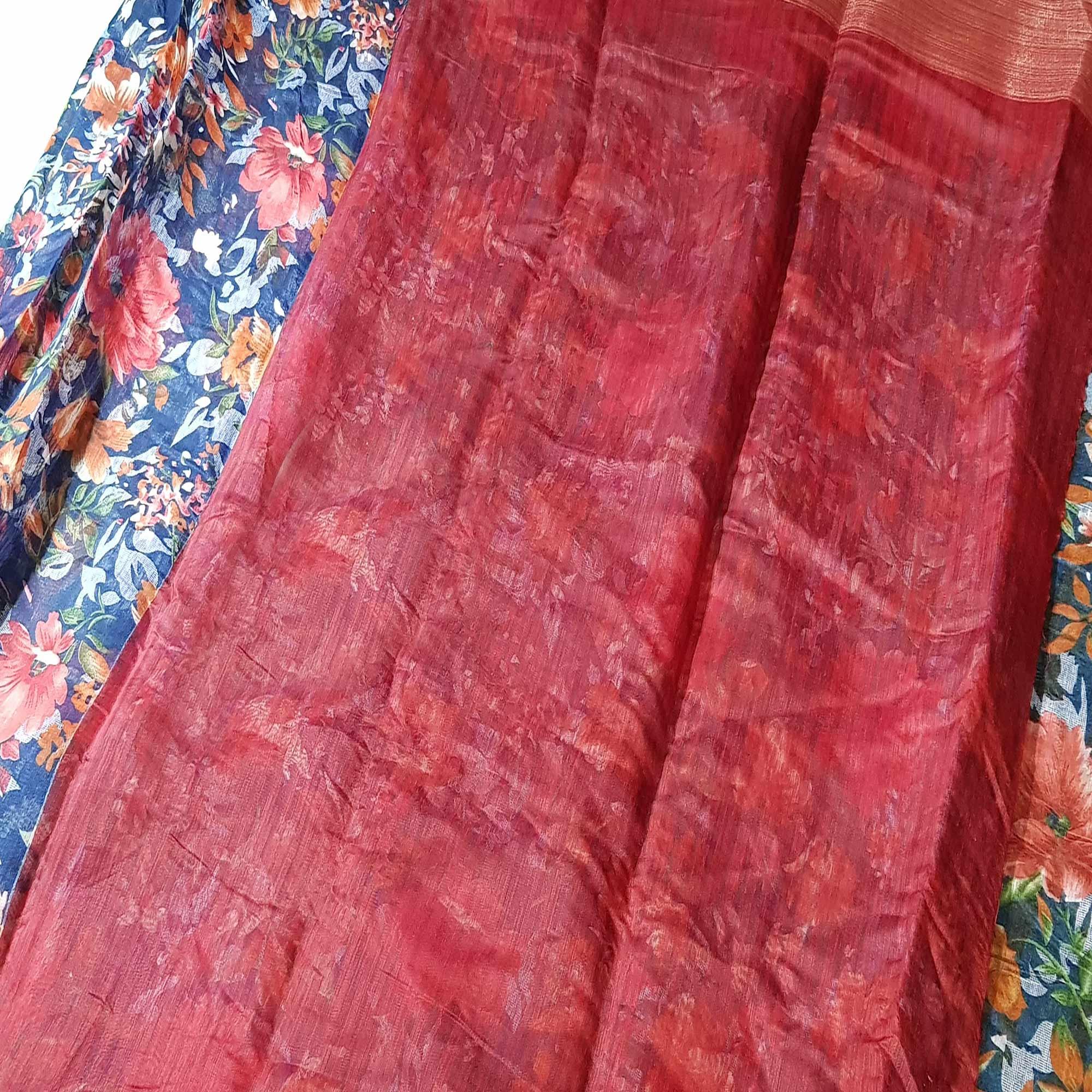 Staring Blue Festive Wear Floral Printed Semi Linen Jari Border Printed Saree - Peachmode