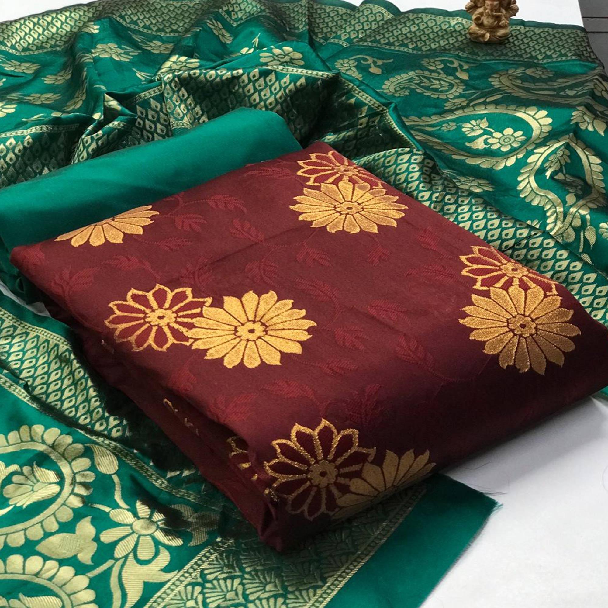 Staring Coffee Brown Colored Casual Wear Banarasi Jacquard Dress Material - Peachmode