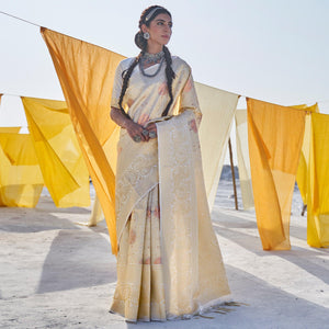Staring Cream Colored Festive Wear Weaving Handloom Soft Silk Saree - Peachmode