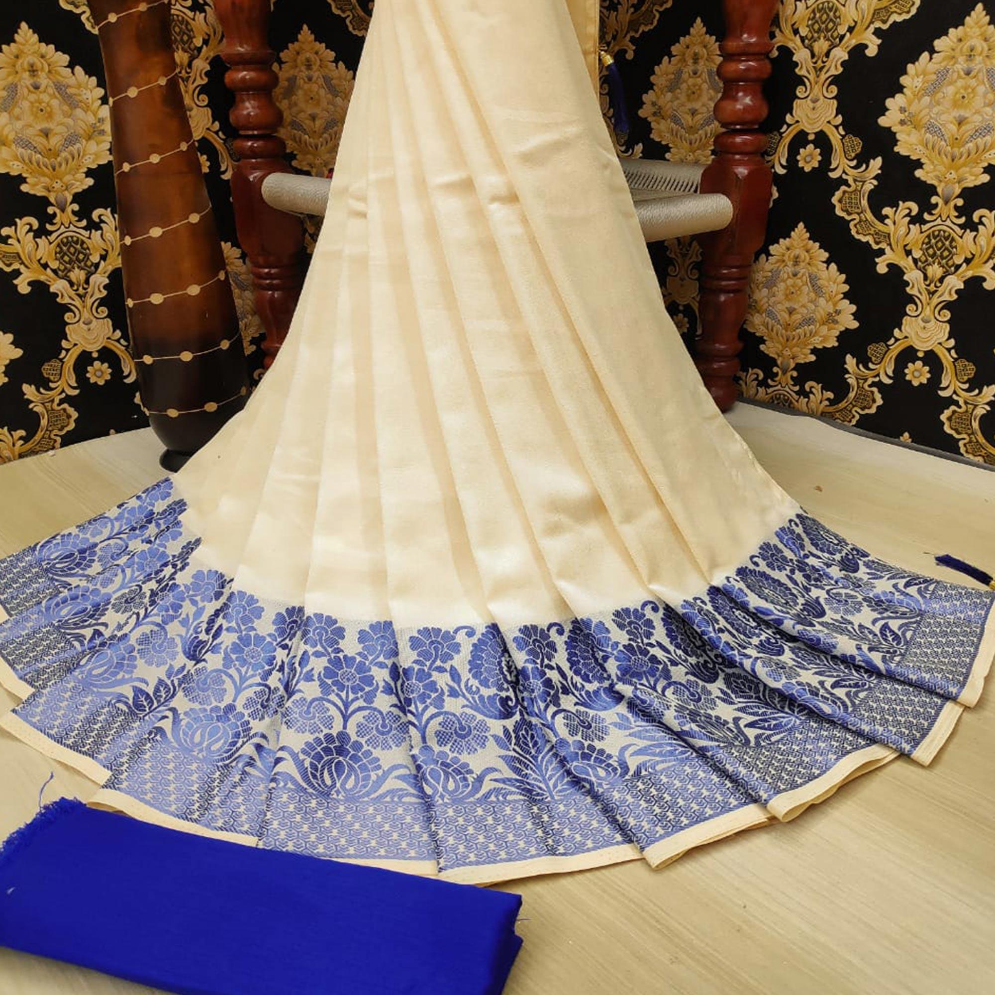 Staring Cream Colored Festive Wear Woven Vichitra Silk Saree - Peachmode