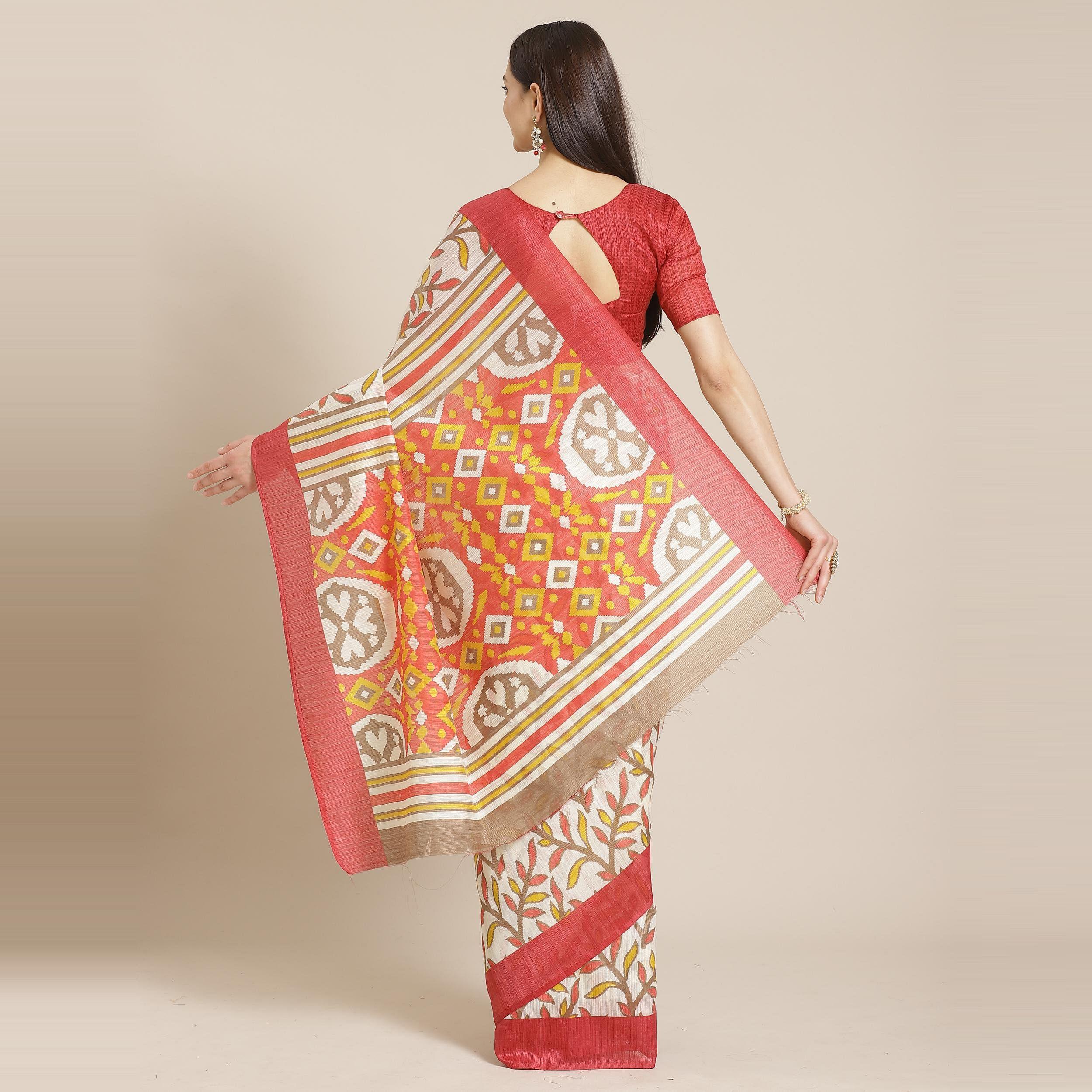Staring Cream - Pink Colored Casual Wear Printed Silk blend Saree - Peachmode