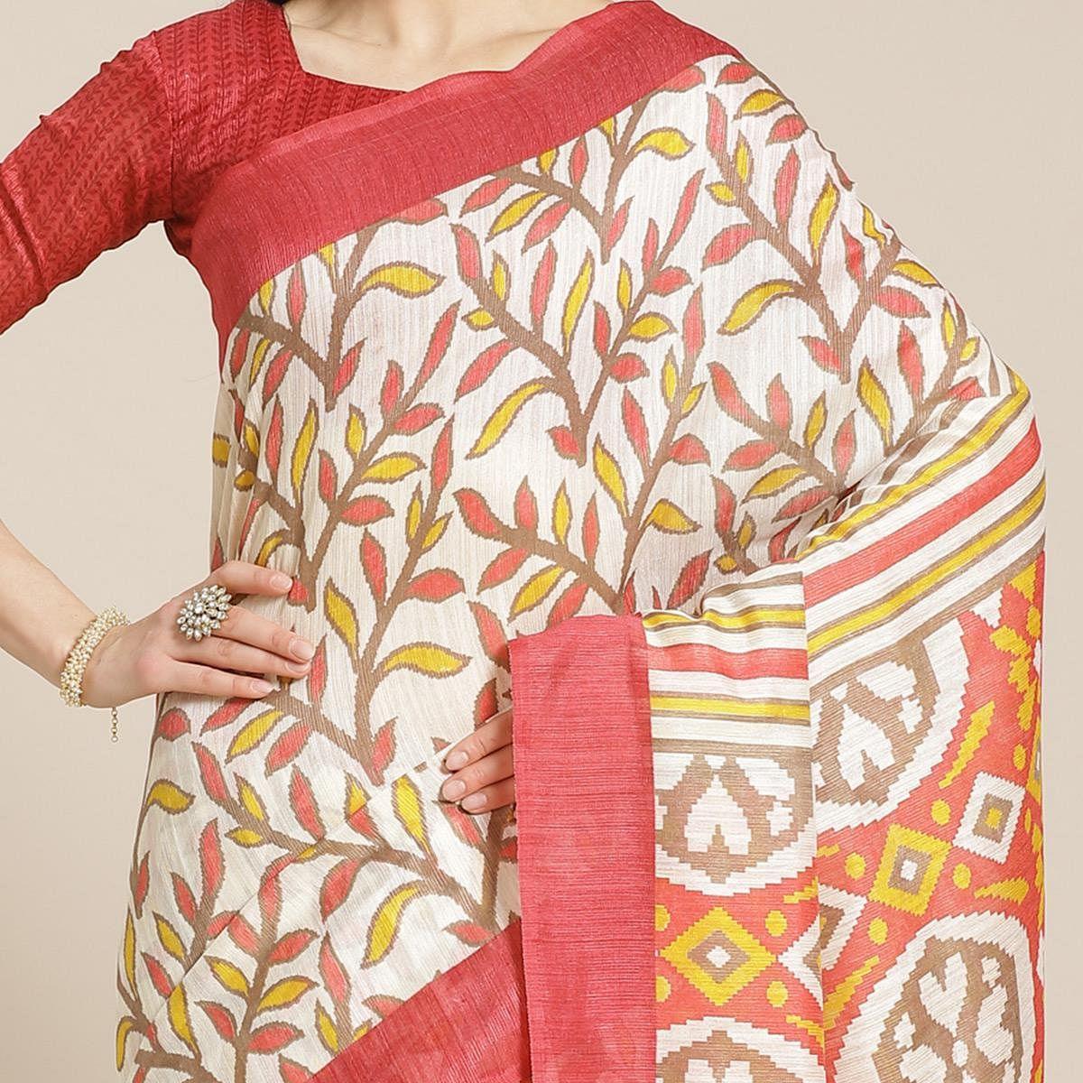 Staring Cream - Pink Colored Casual Wear Printed Silk blend Saree - Peachmode