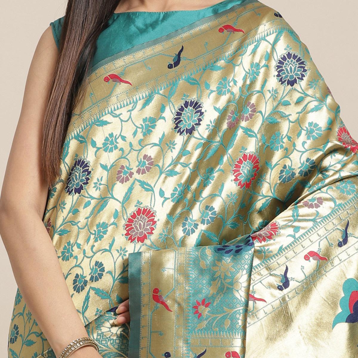 Staring Gold-Green Colored Festive Wear Woven Silk Blend Saree - Peachmode