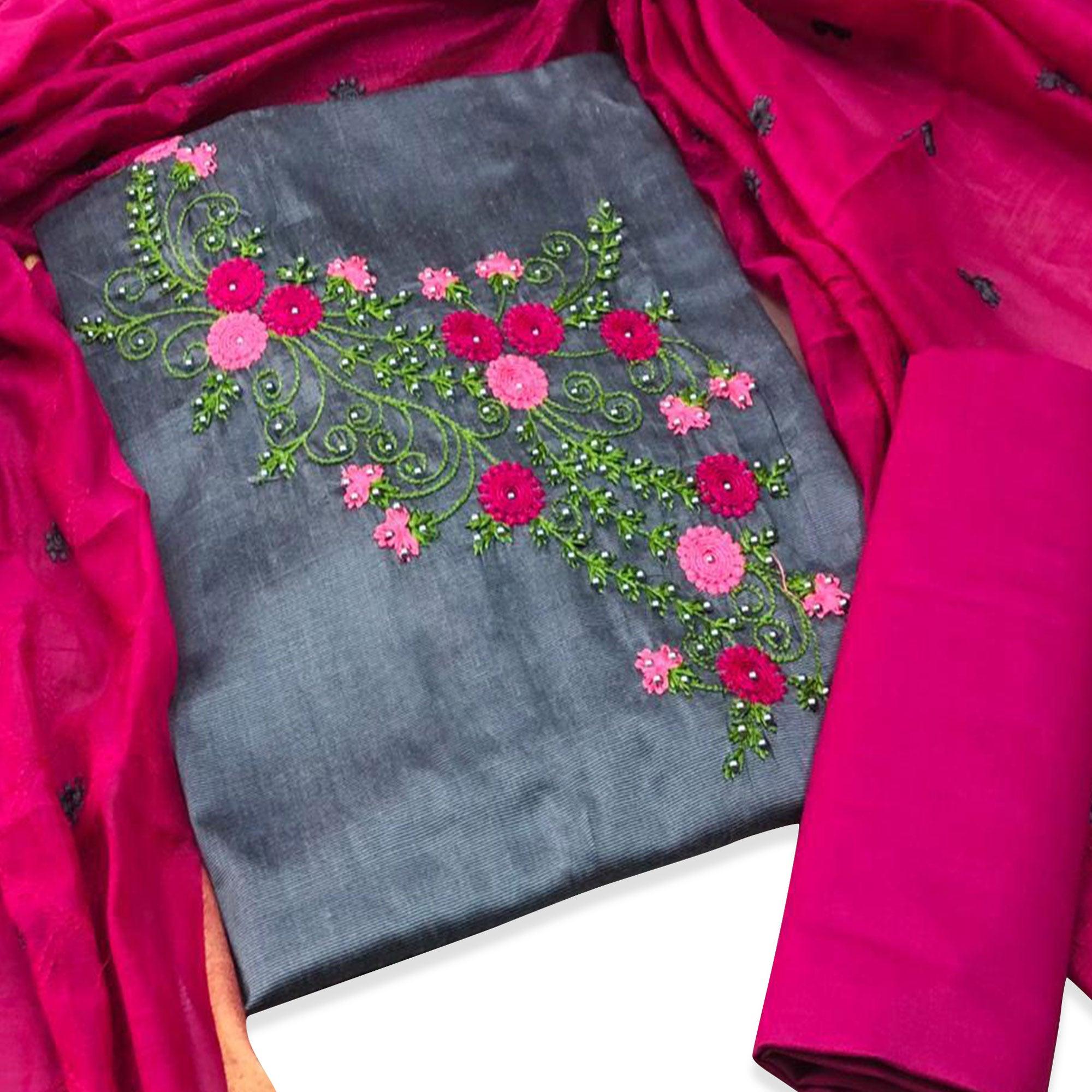 Staring Gray Colored Casual Wear Embroidered Cotton Dress Material - Peachmode