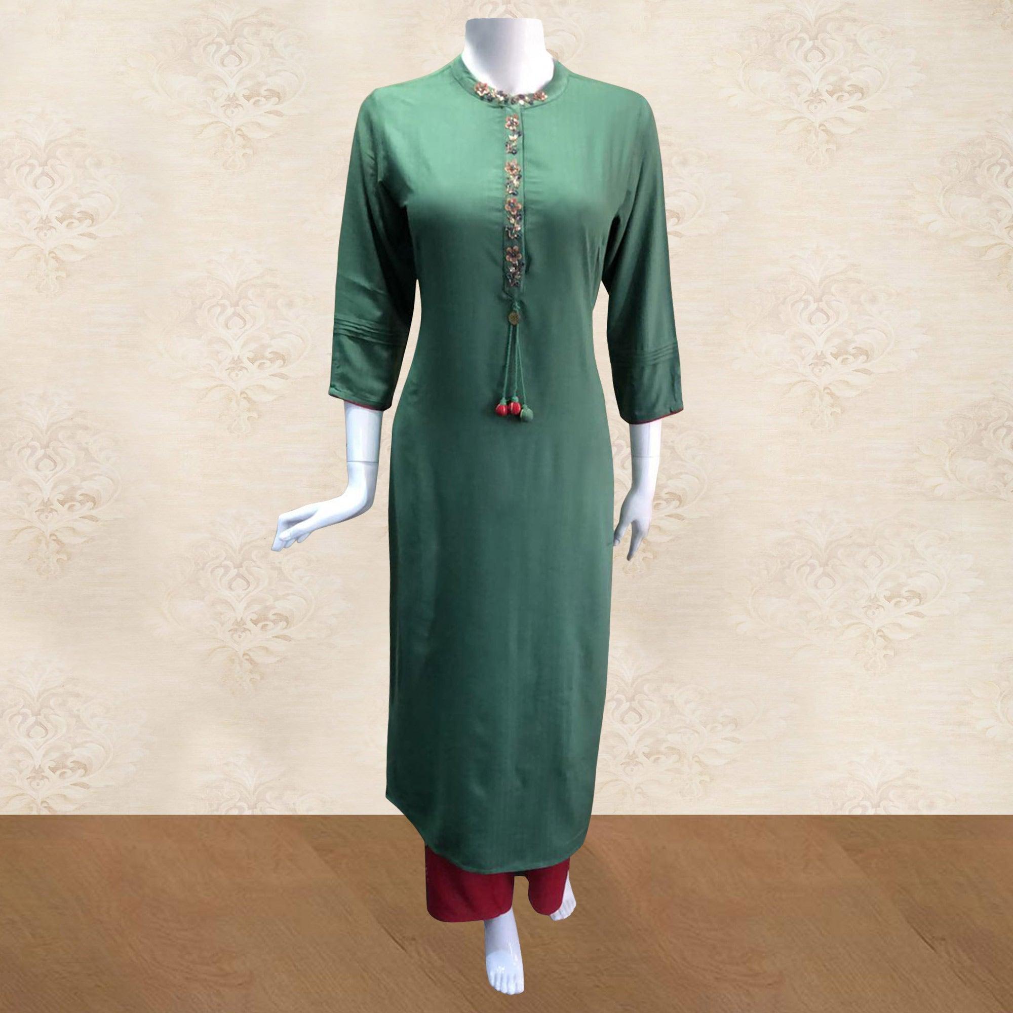 Staring Green Colored Partywear Floral Handwork Cotton Kurti-Palazzo Set - Peachmode