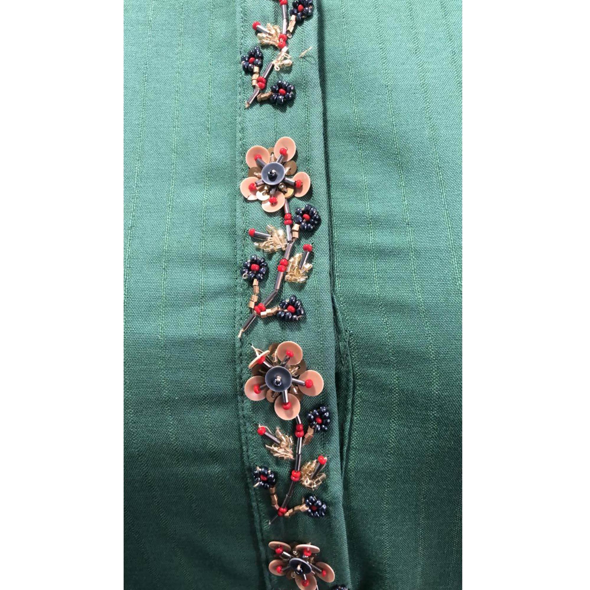 Staring Green Colored Partywear Floral Handwork Cotton Kurti-Palazzo Set - Peachmode