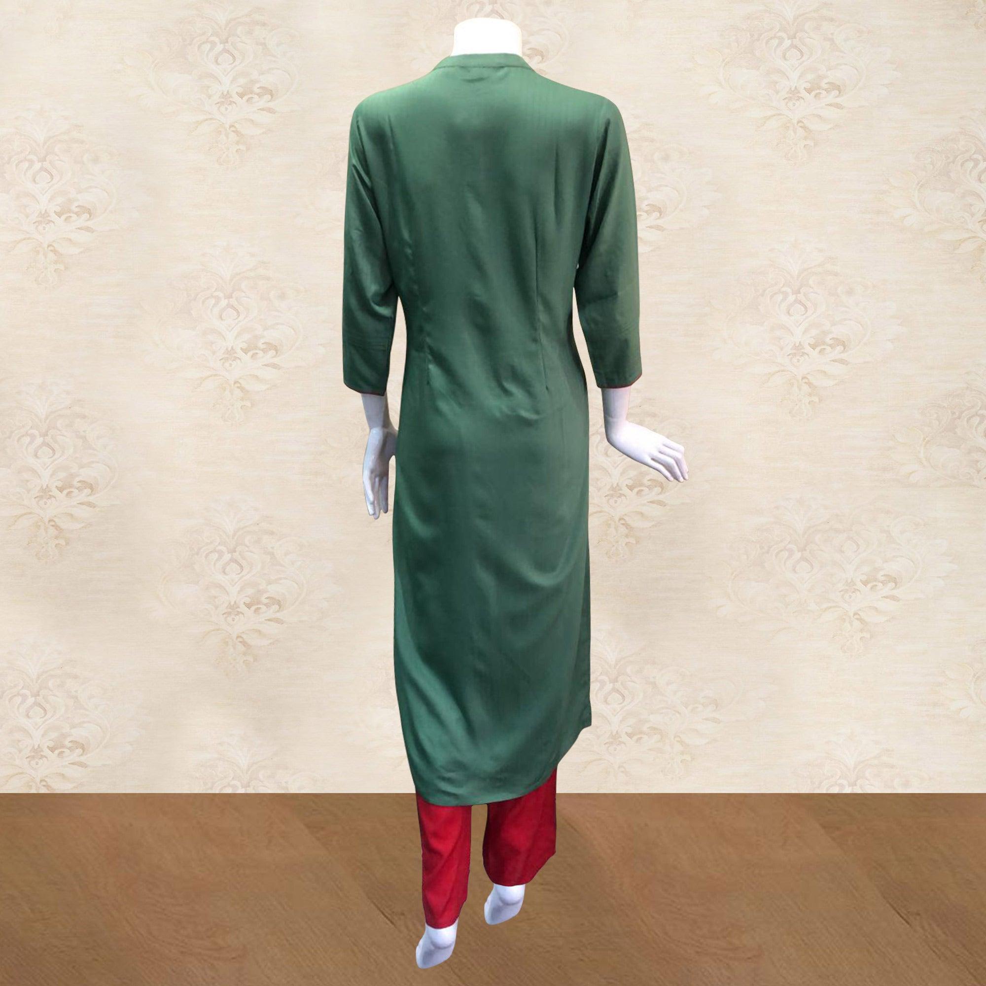Staring Green Colored Partywear Floral Handwork Cotton Kurti-Palazzo Set - Peachmode
