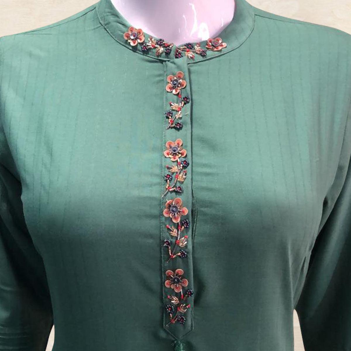 Staring Green Colored Partywear Floral Handwork Cotton Kurti-Palazzo Set - Peachmode