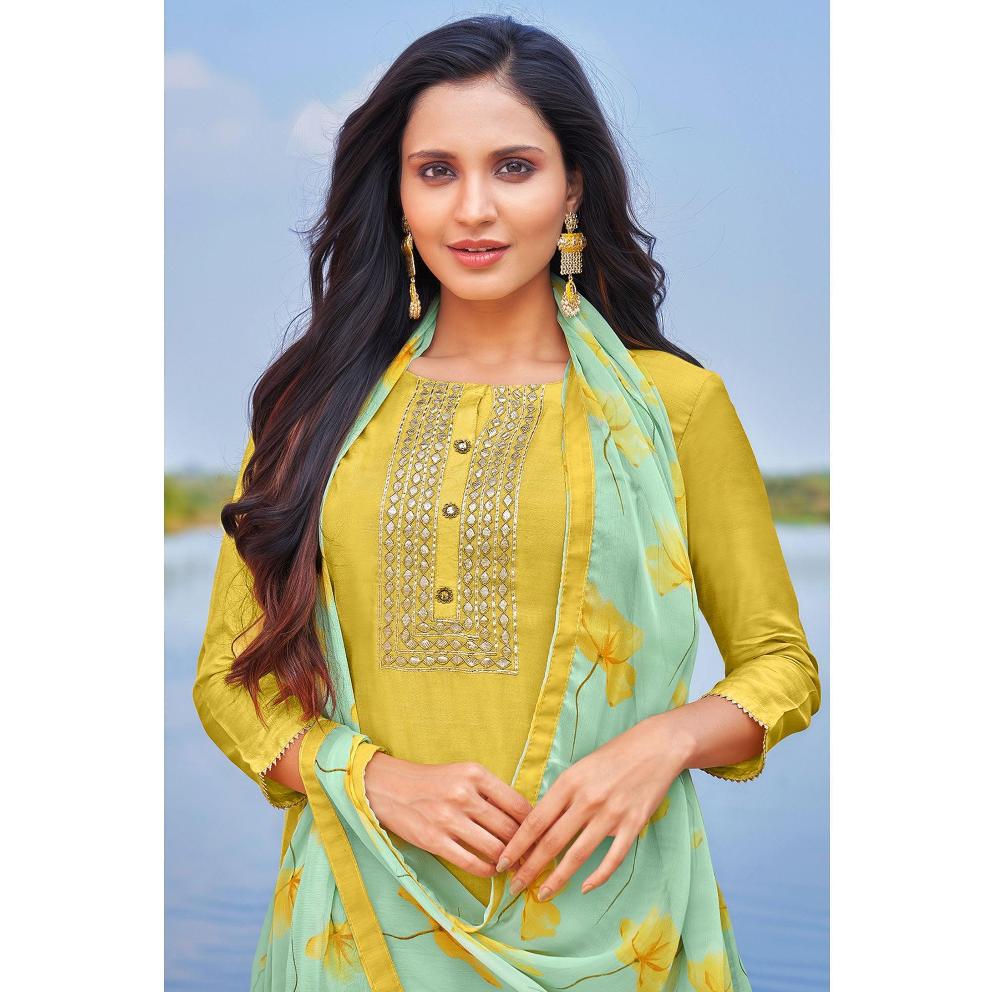 Staring Lemon Yellow Colored Partywear Embroidered Modal Cotton Dress Material - Peachmode